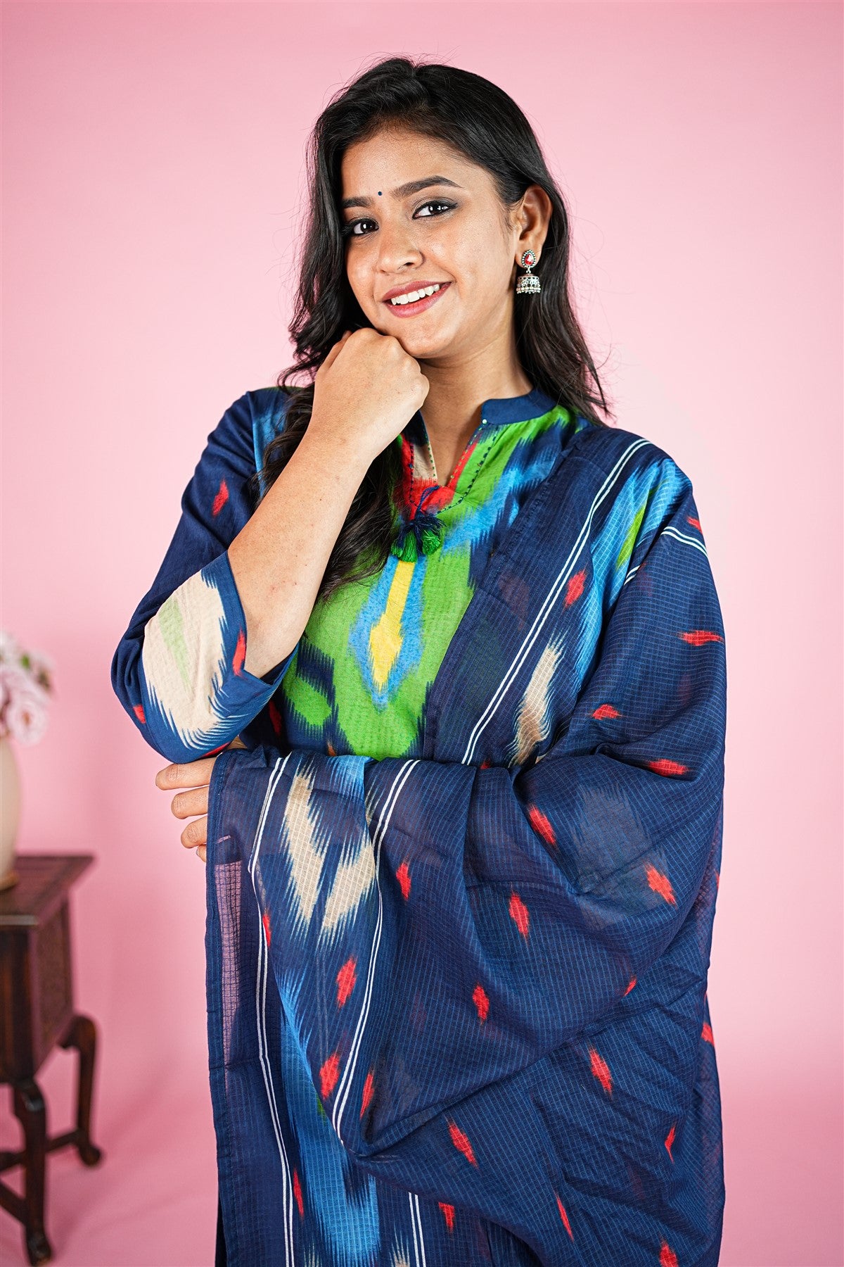 Cotton Printed Blue Kurti Set With Dupatta