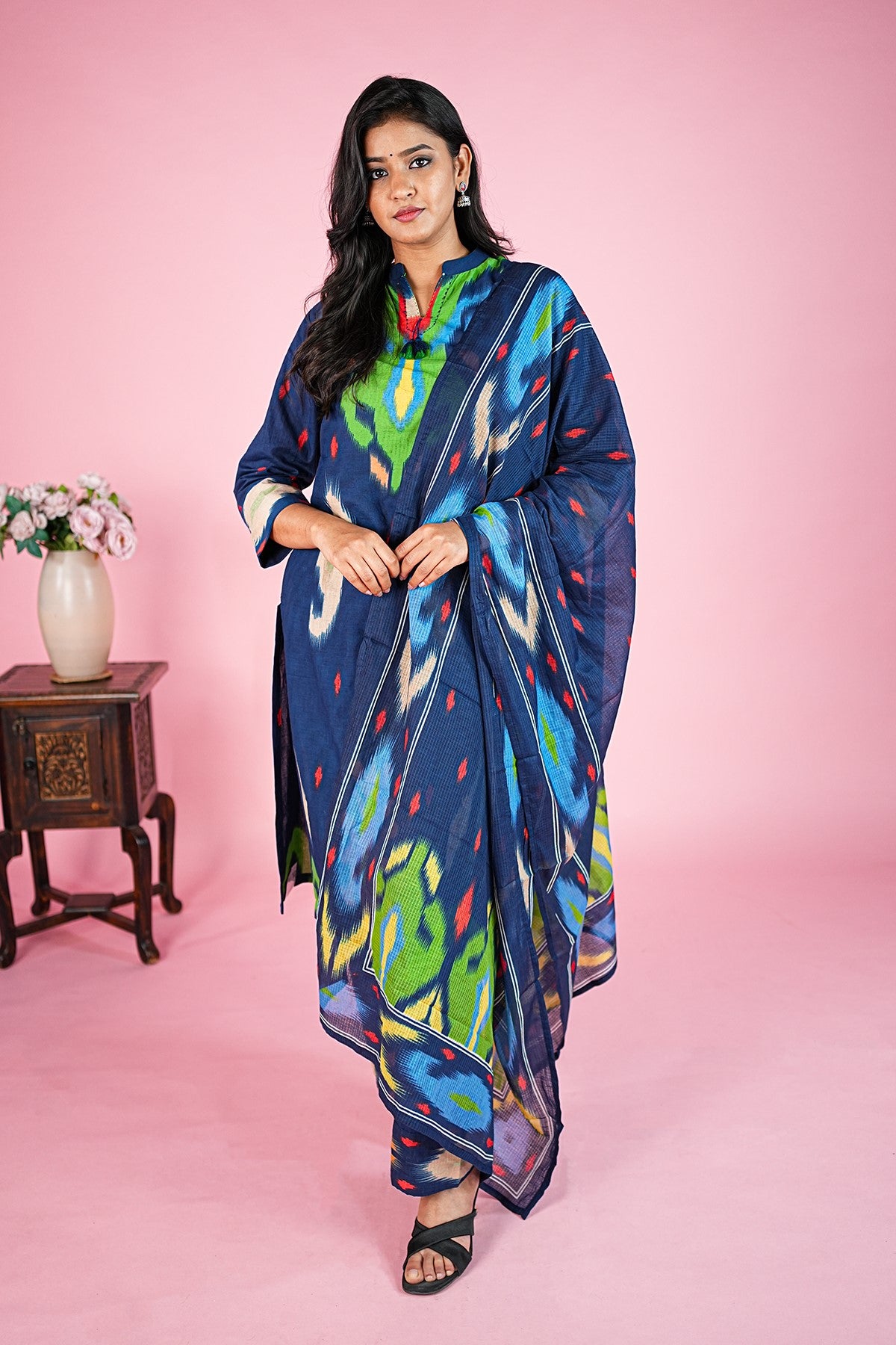 Cotton Printed Blue Kurti Set With Dupatta