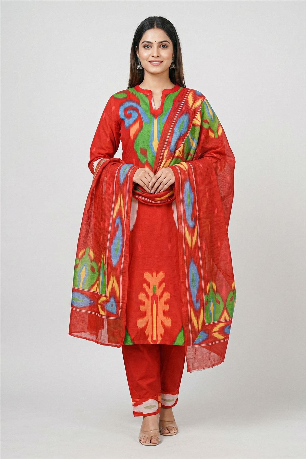 Cotton Printed Red Kurti Set With Dupatta