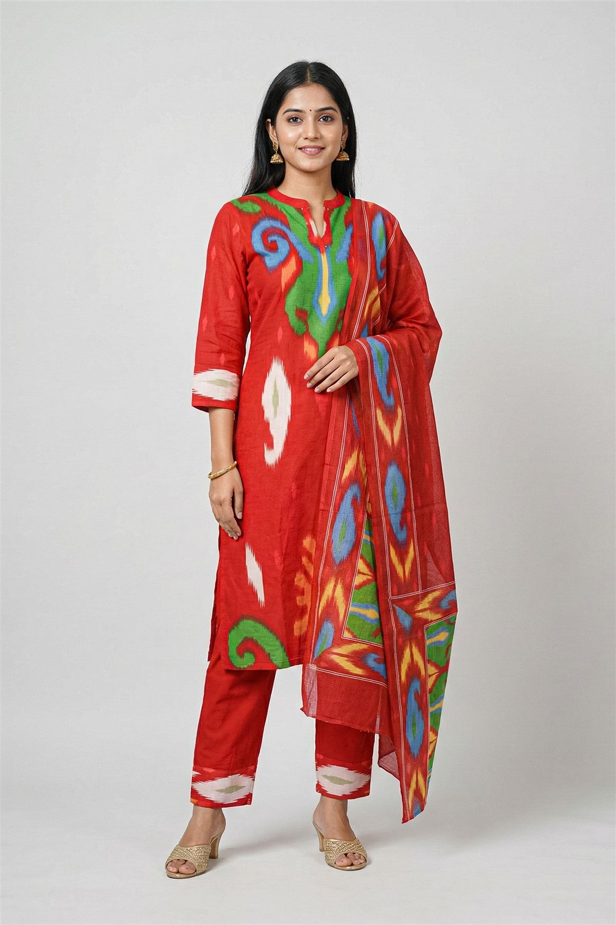 Cotton Printed Red Kurti Set With Dupatta