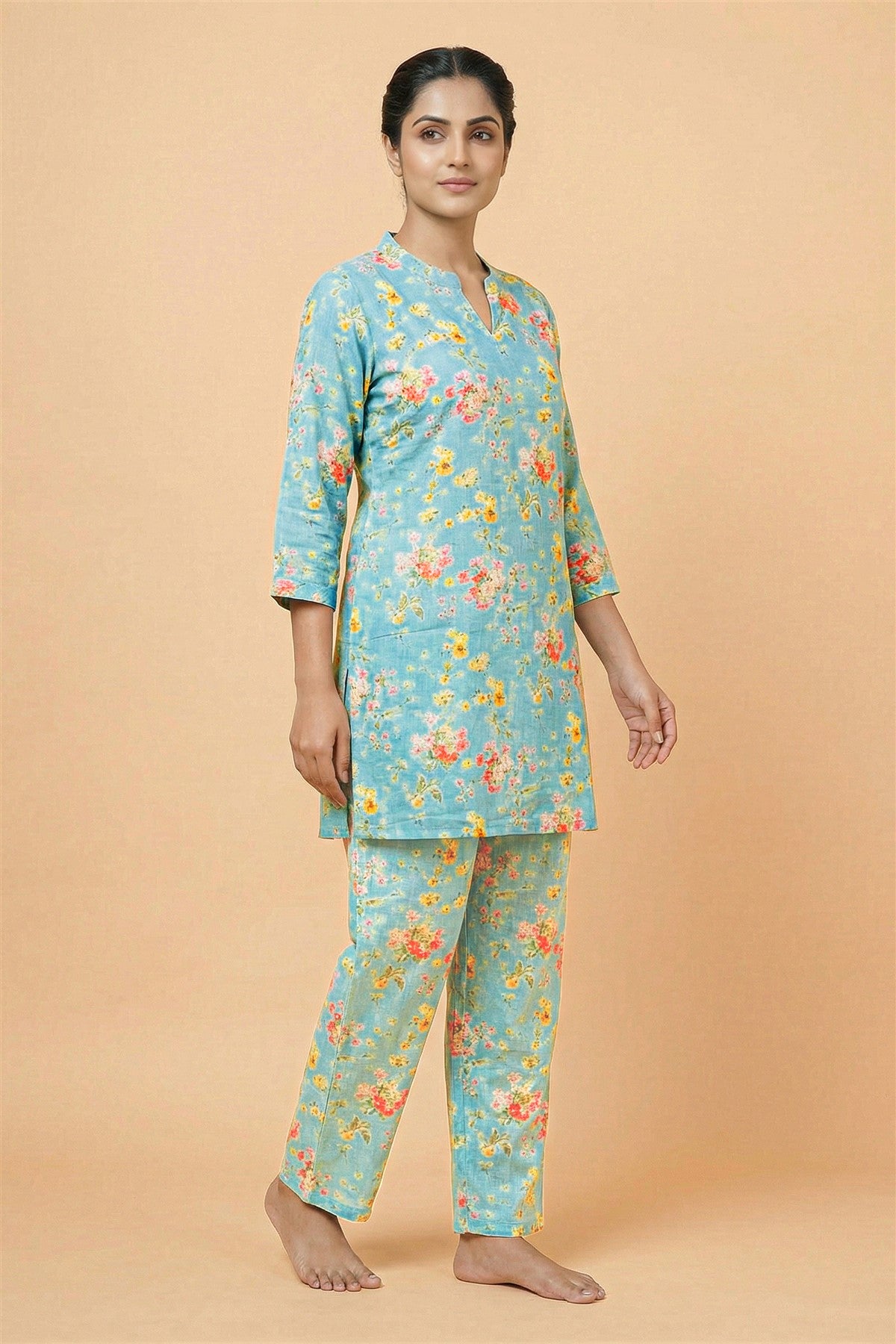 Silk Printed Blue Kurti Set