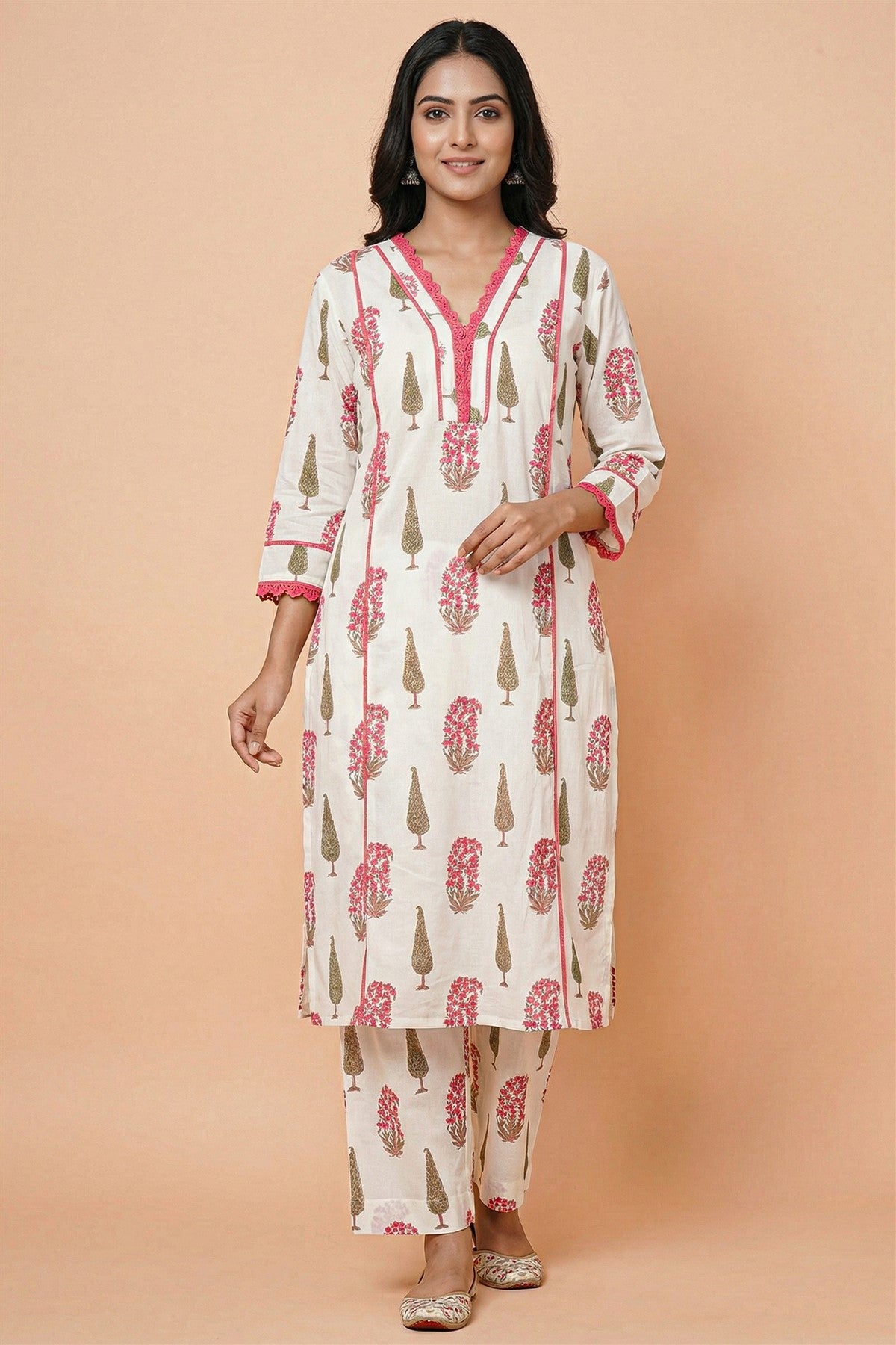 Cotton Off White  Printed Kurti Set
