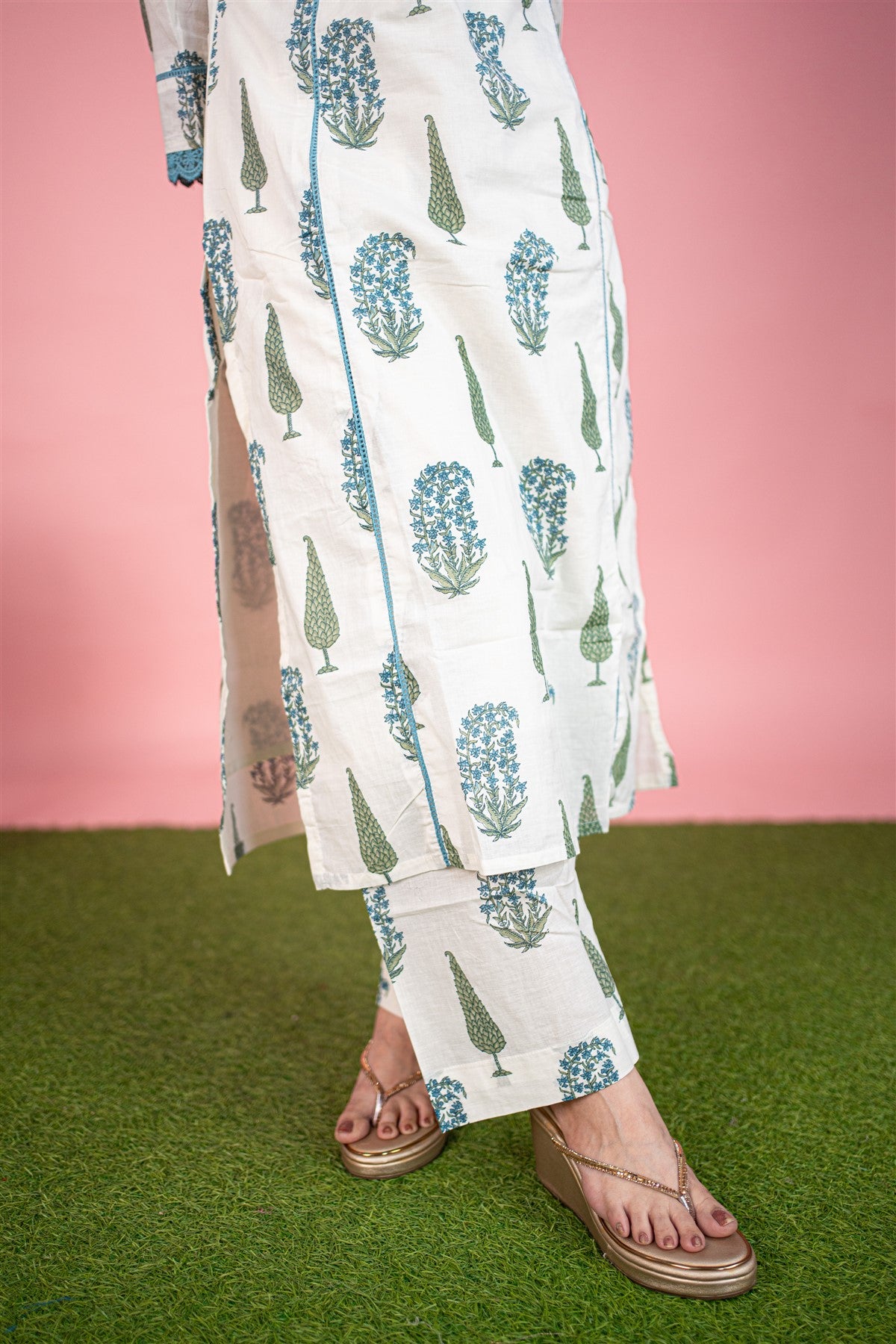 Cotton Printed White Kurti Set