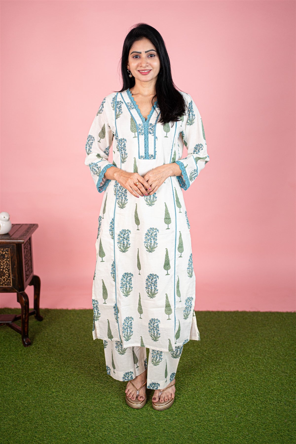 Cotton Printed White Kurti Set