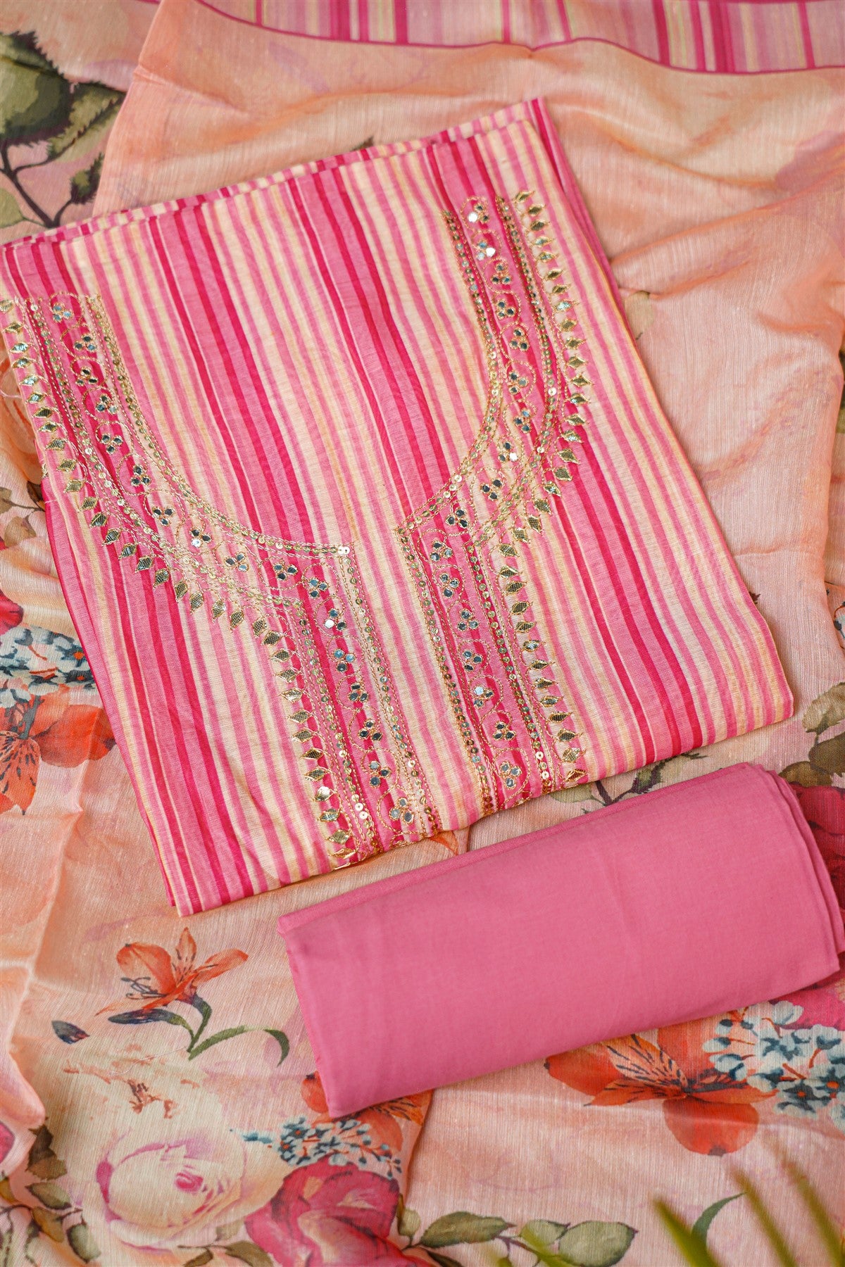 Mul Chanderi Pink Striped Dress Material