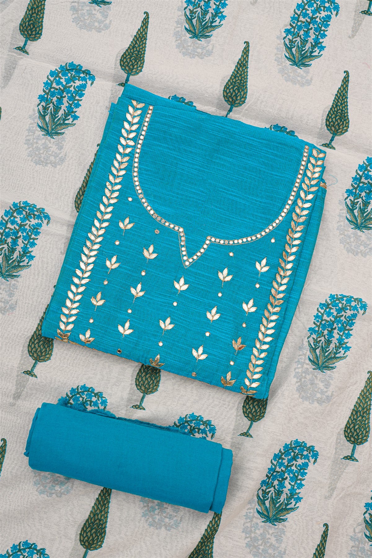 Chanderi Blue Embroidered Dress Material
