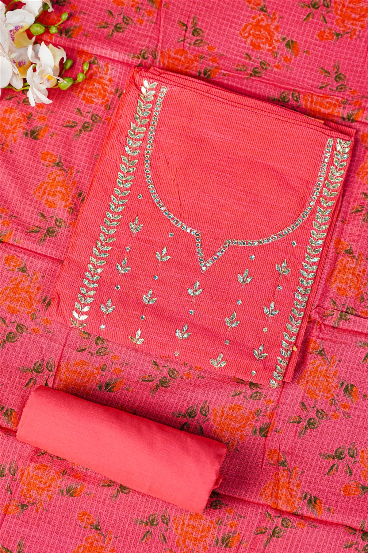 Chanderi Coral Embroidered Dress Material