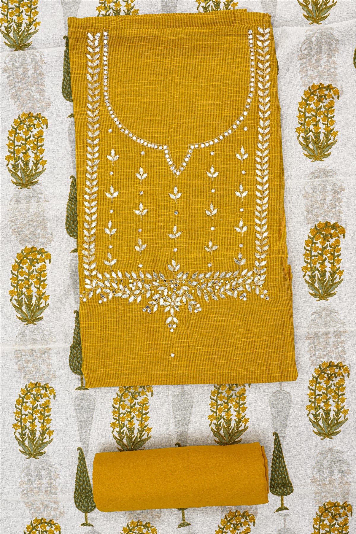 Chanderi Mustard Yellow Embroidered Dress Material