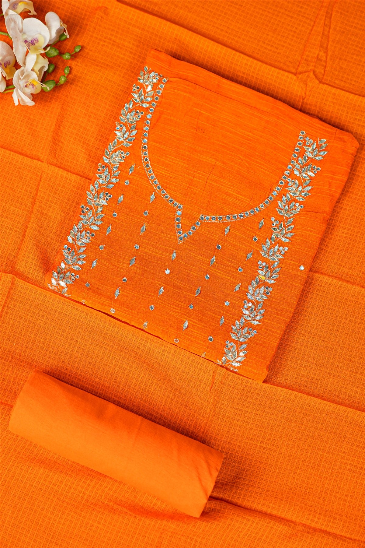 Raw Silk Orange Embroidered Dress Material