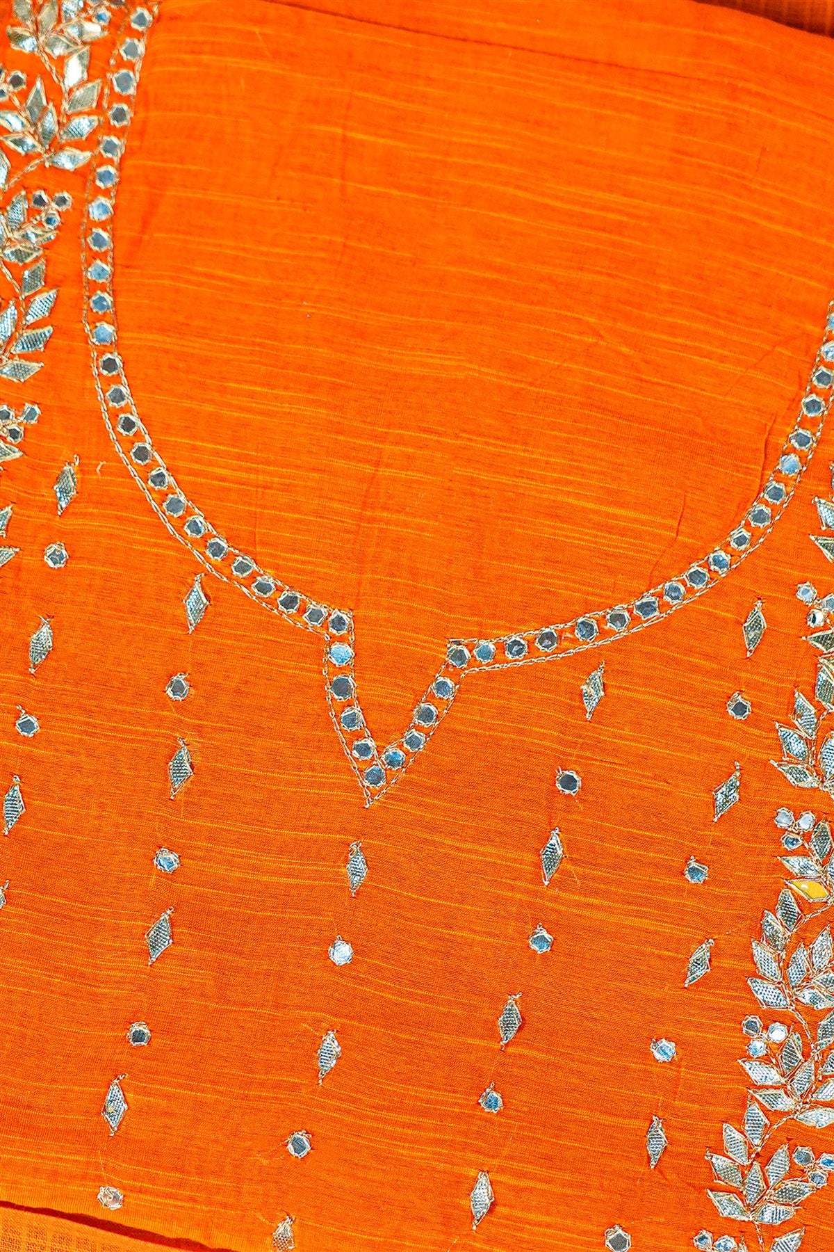 Raw Silk Orange Embroidered Dress Material