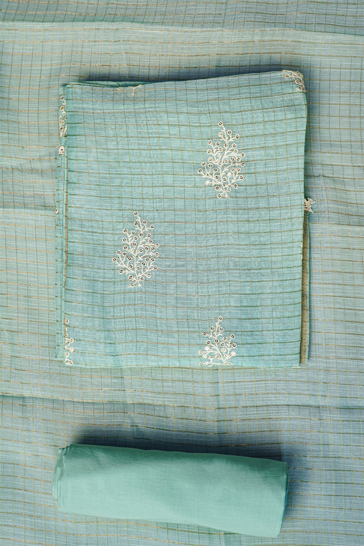 Chanderi Sea Green Embroidered Dress Material