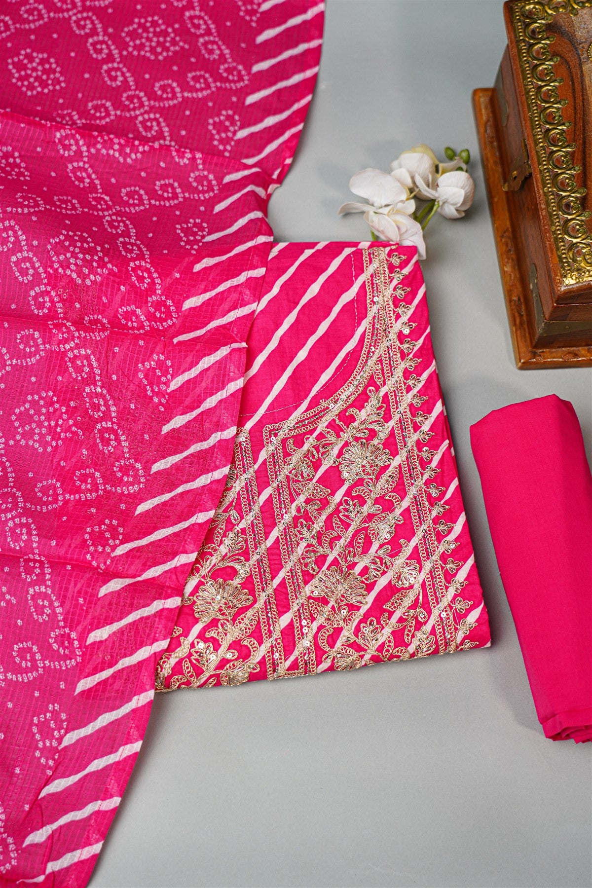 Cotton Dark Pink Leheriya Print Dress Material