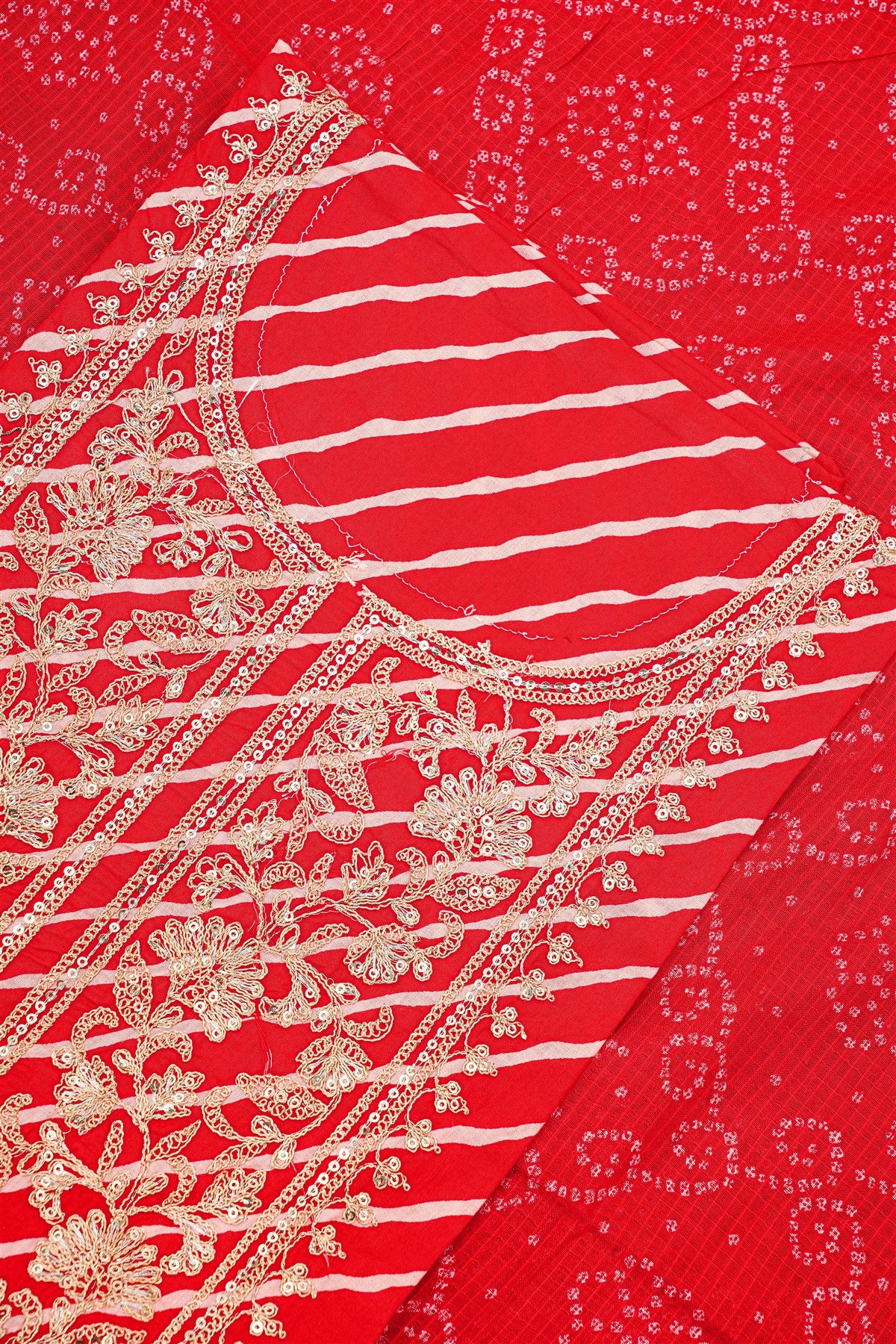 Cotton Red Leheriya Print Dress Material