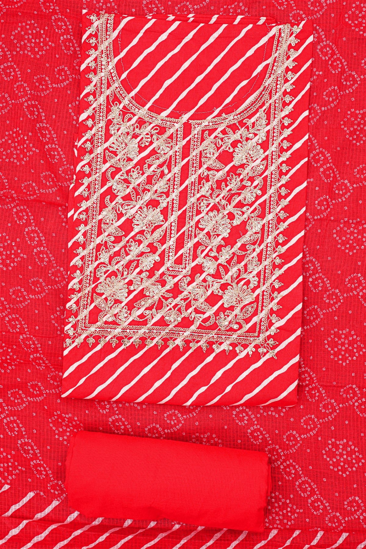 Cotton Red Leheriya Print Dress Material