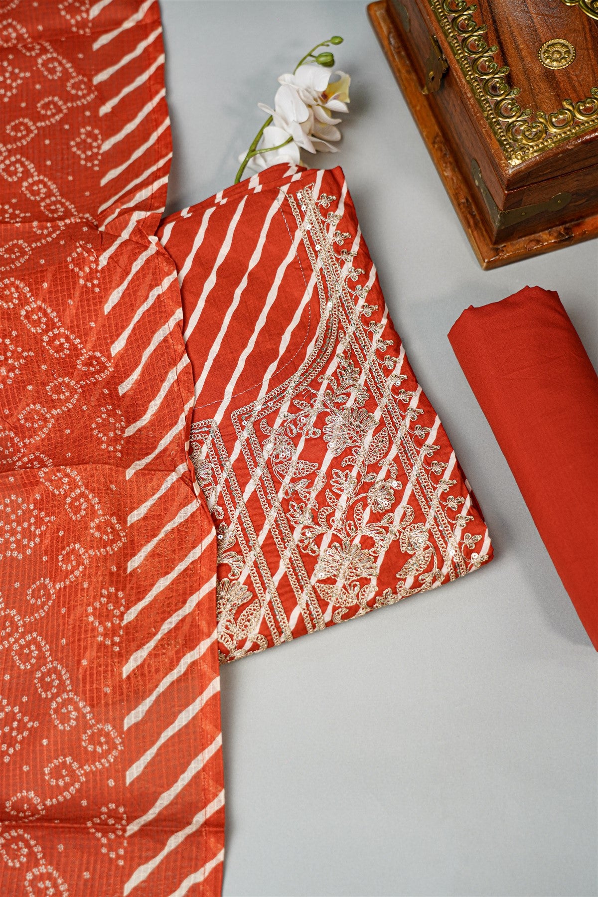 Cotton Rust Leheriya Print Dress Material