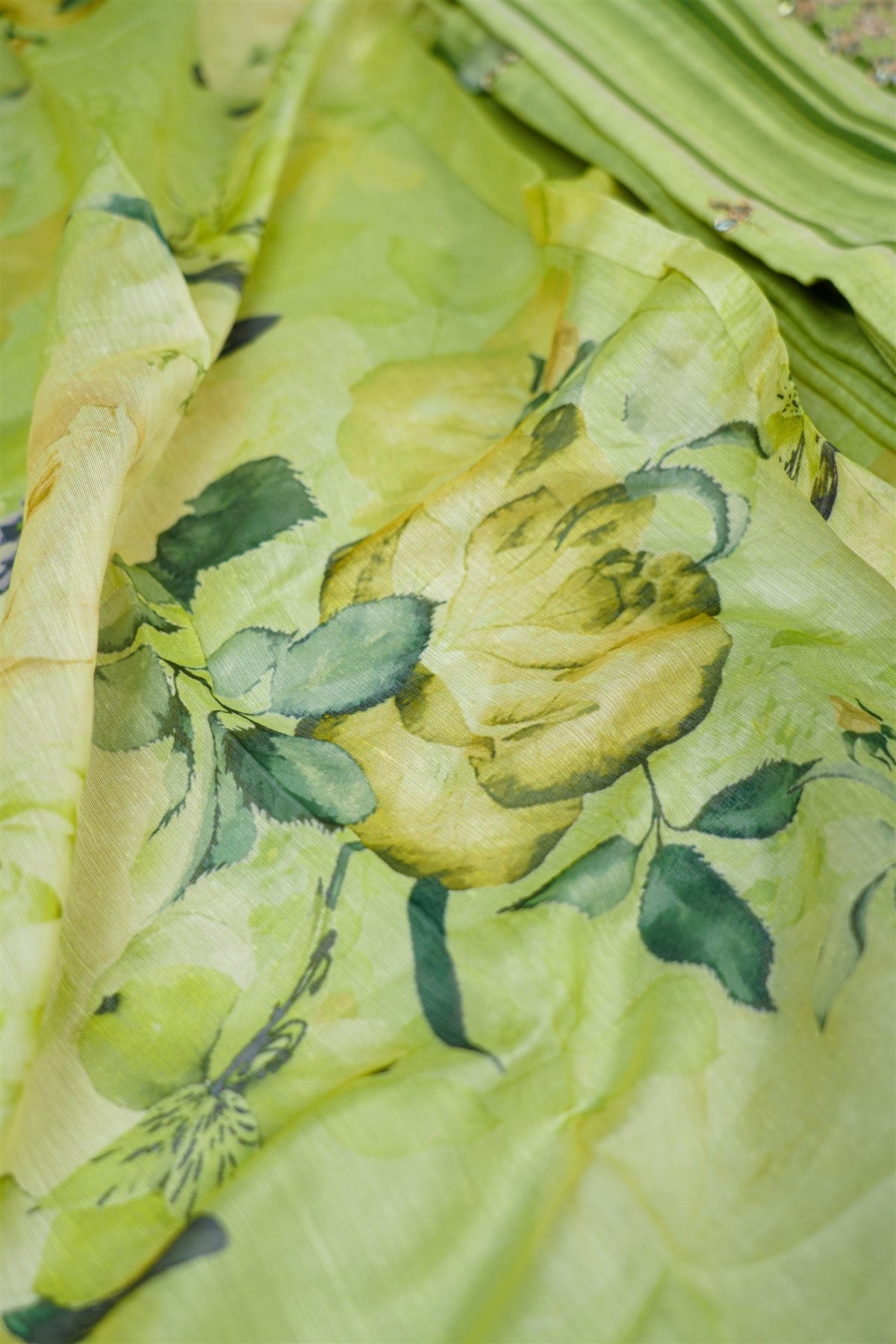 Mul Chanderi Light Green Striped Floral Dress Material