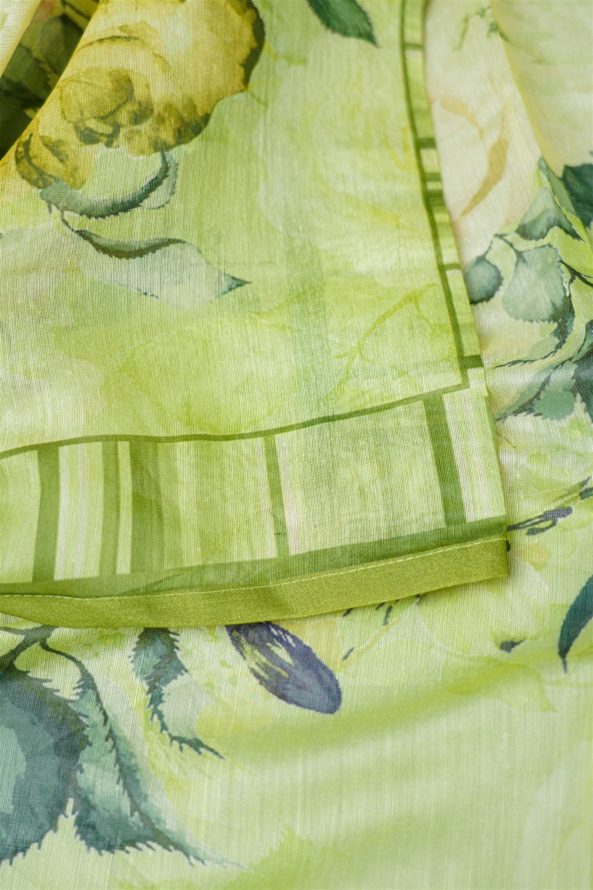 Mul Chanderi Light Green Striped Floral Dress Material