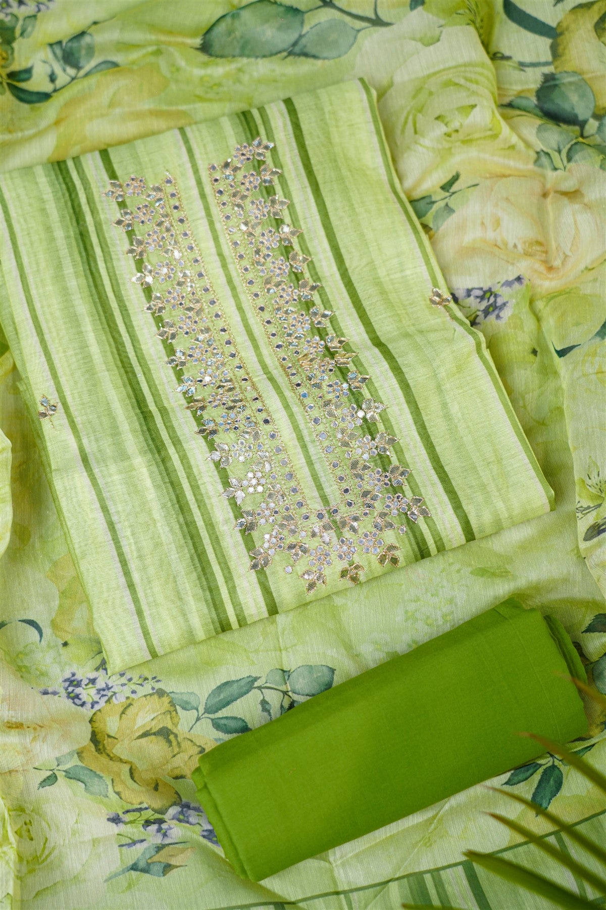 Mul Chanderi Light Green Striped Floral Dress Material