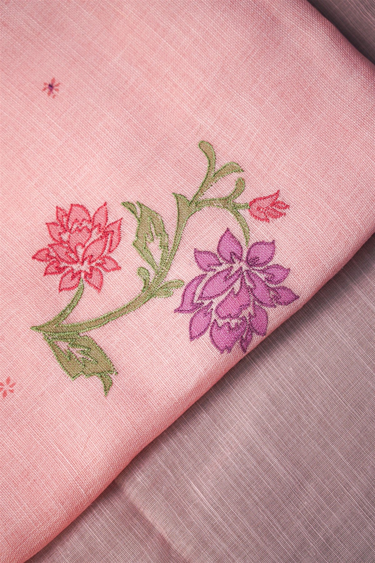 Linen Pink Floral Embroidered Dress Material