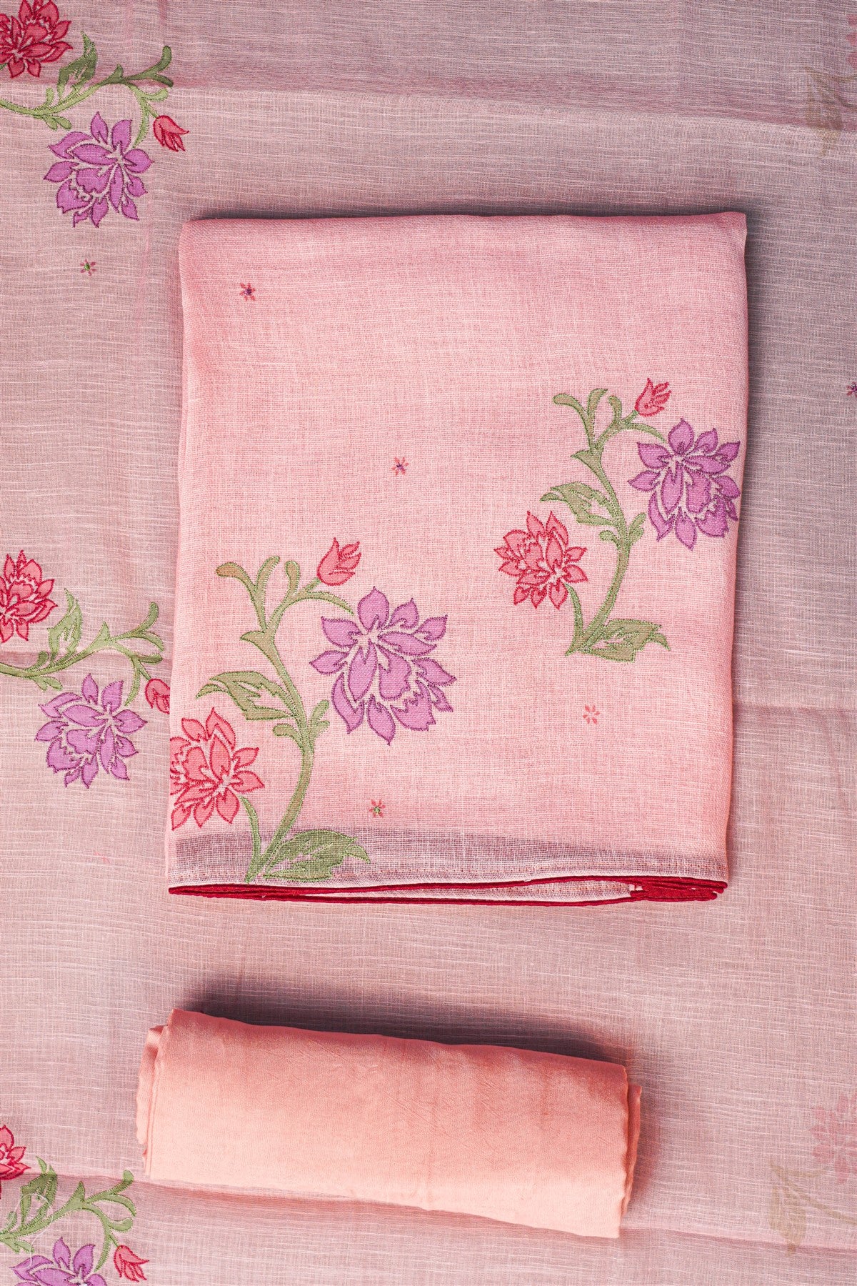 Linen Pink Floral Embroidered Dress Material