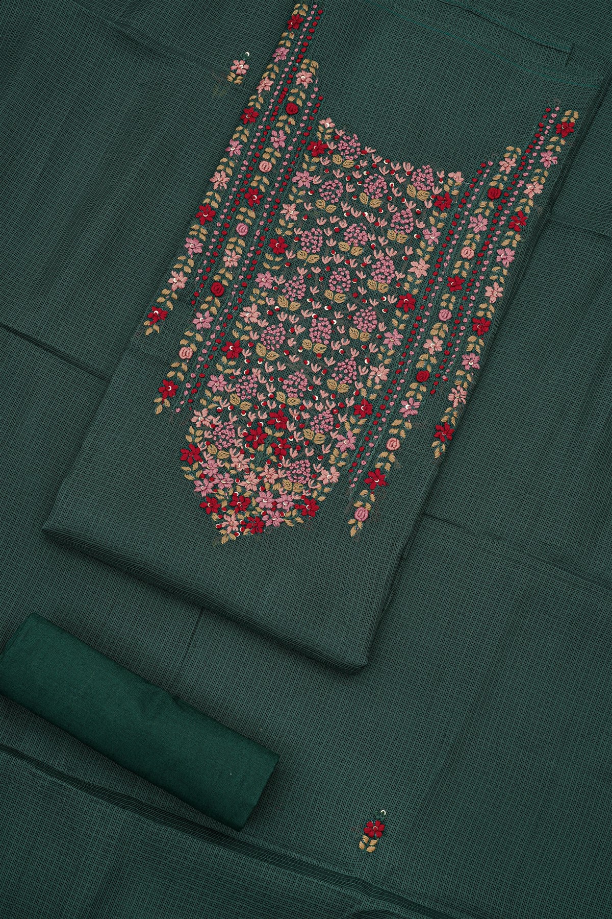 Kota Dark Green Floral Embroidery Dress Material
