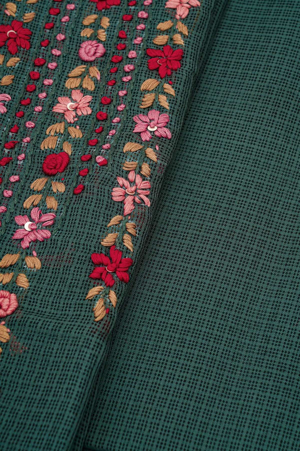 Kota Dark Green Floral Embroidery Dress Material