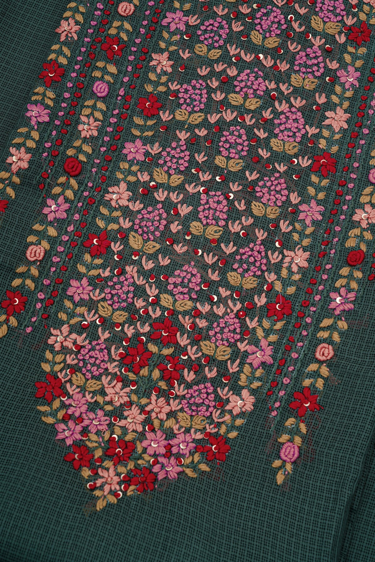 Kota Dark Green Floral Embroidery Dress Material