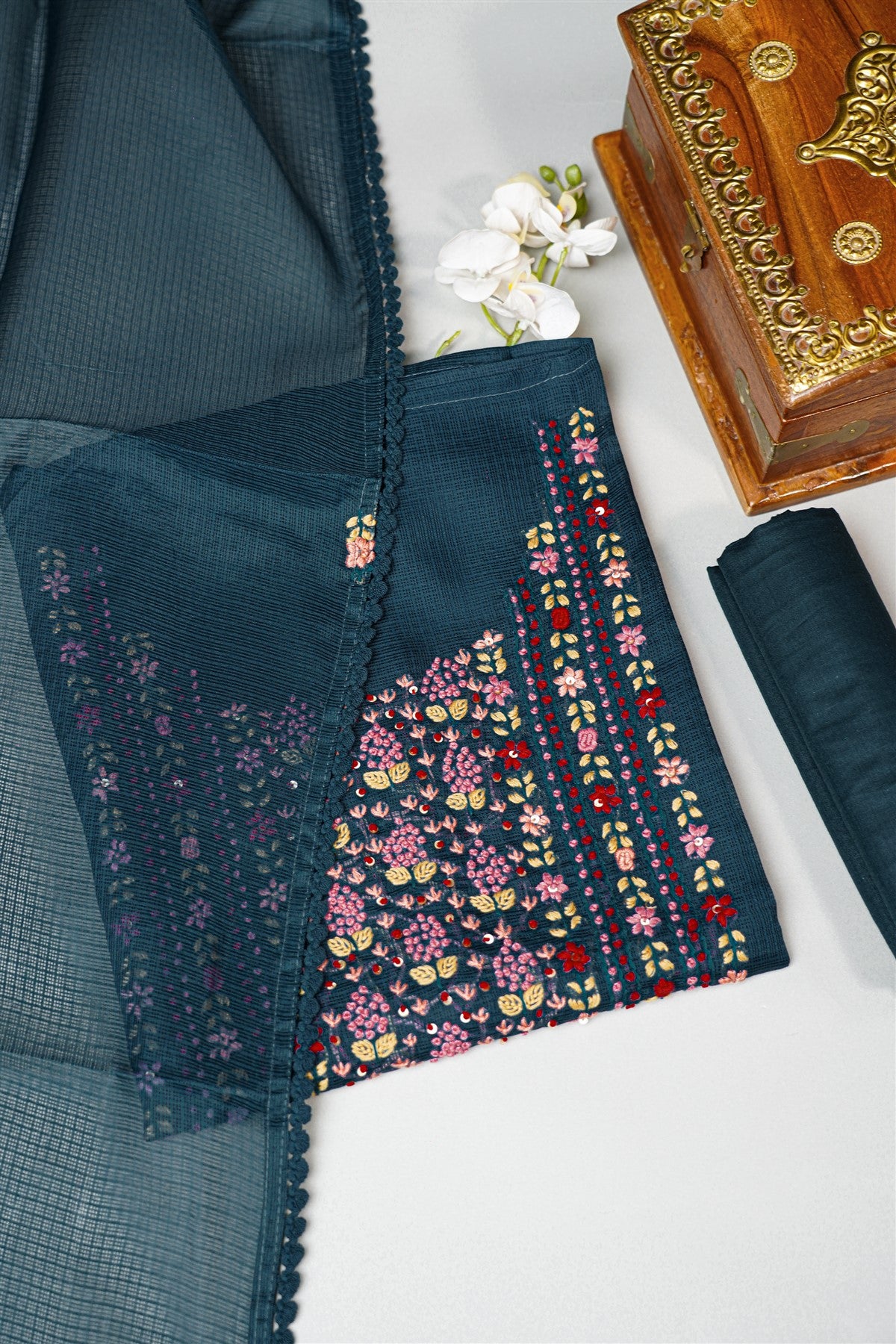 Kota Teal Blue Embroidered Dress Material