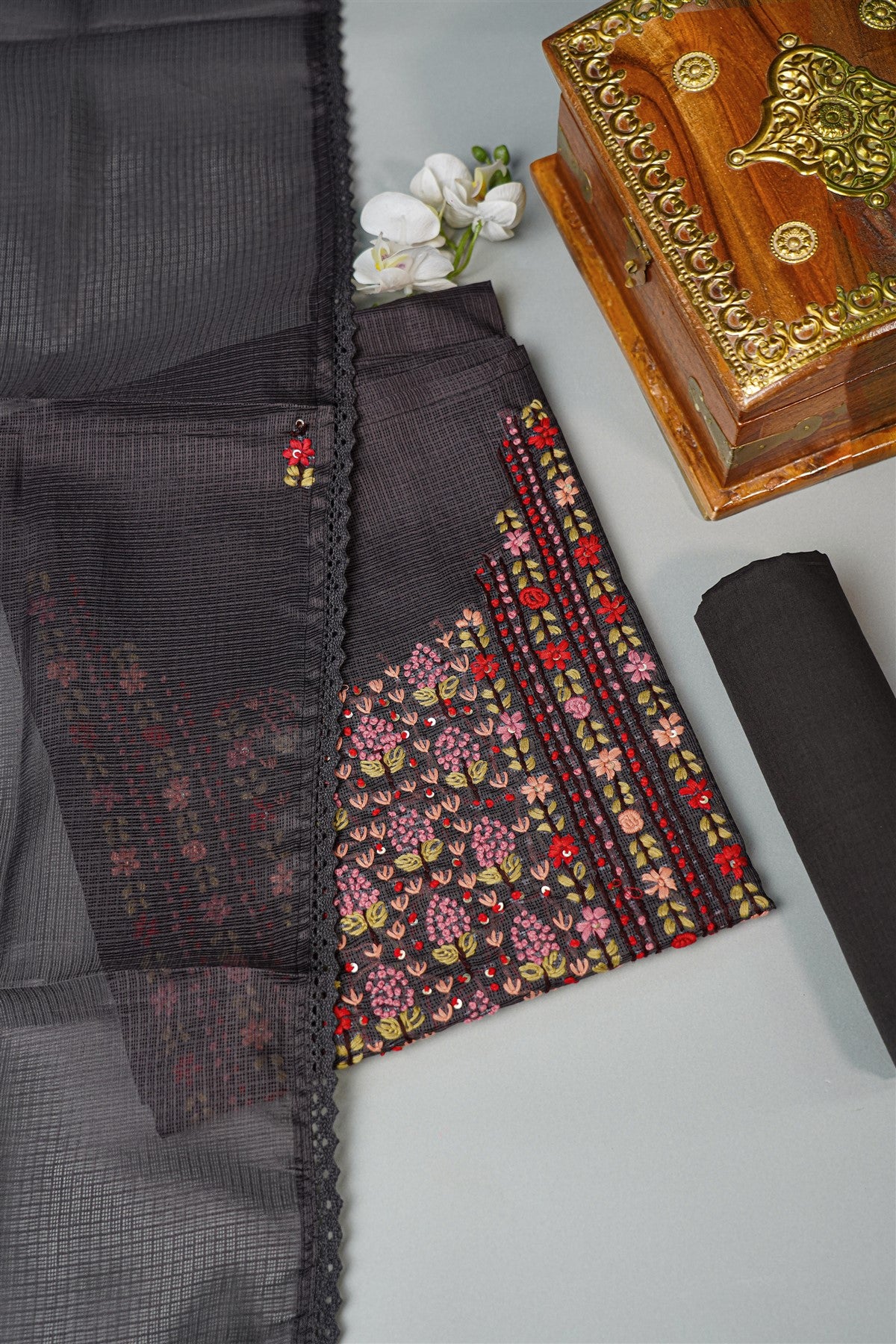 Kota Black Embroidered Dress Material