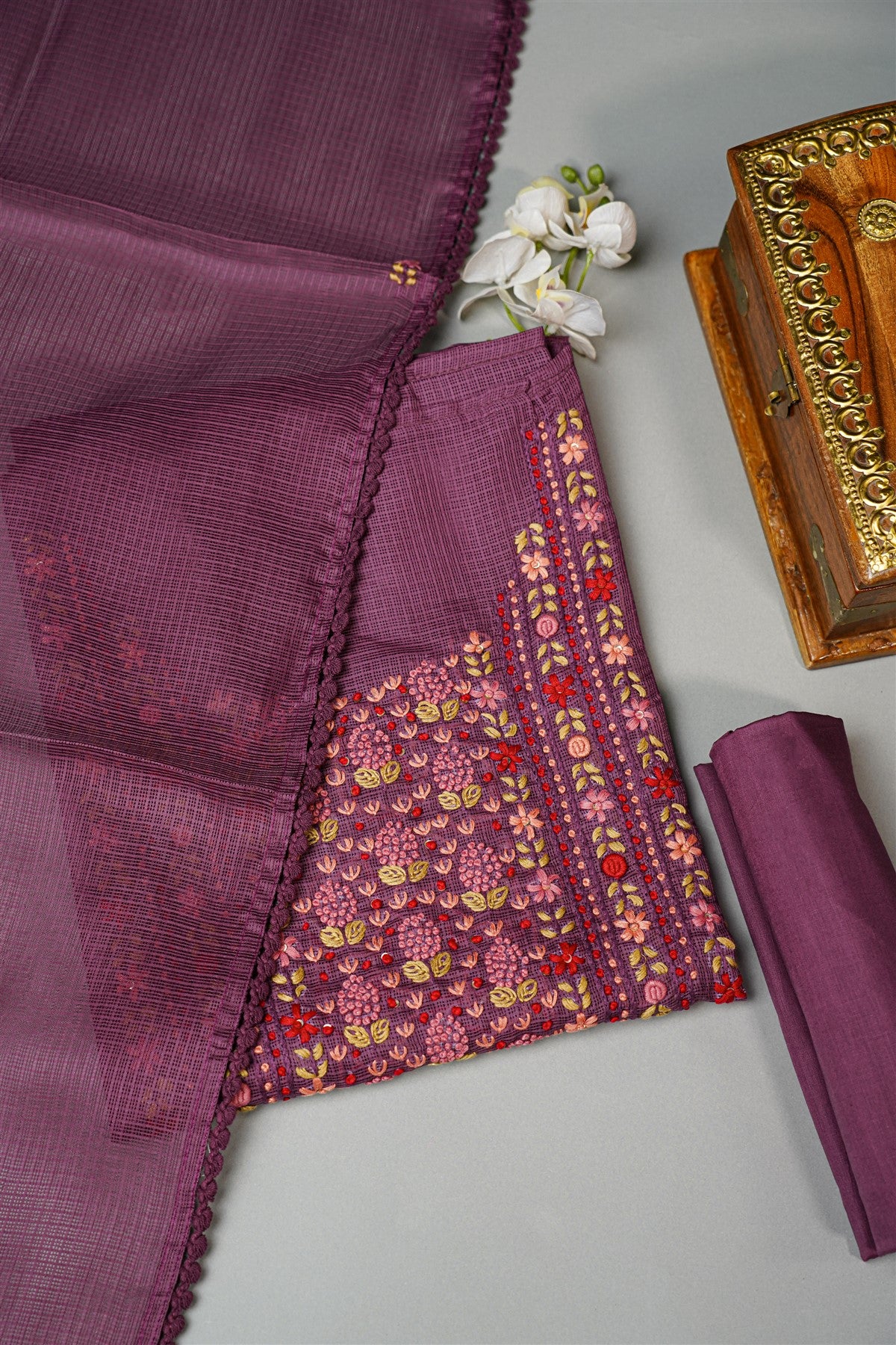 Kota Purple Embroidered Dress Material