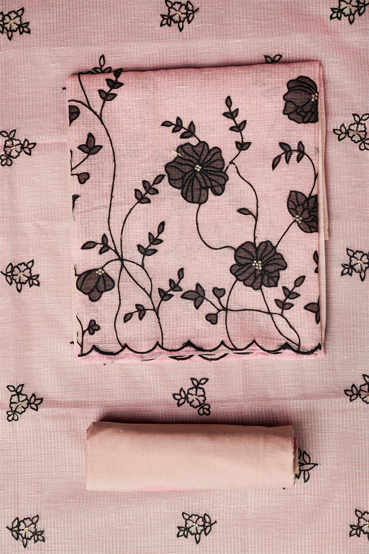 Kota Light Peach Floral Embroidered Dress Material
