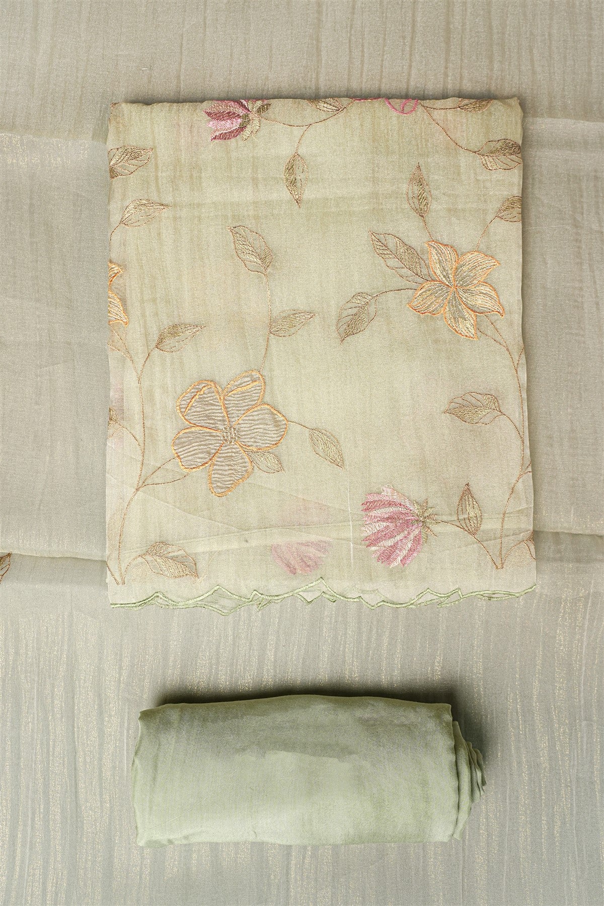Organza Sage Green Floral Embroidered Dress Material