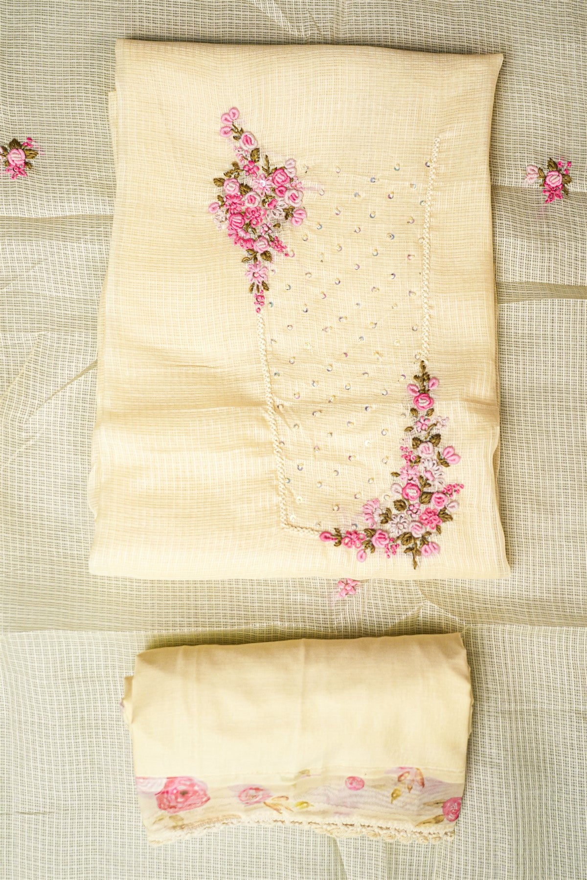 Kota Cream Floral Embroidered Dress Material