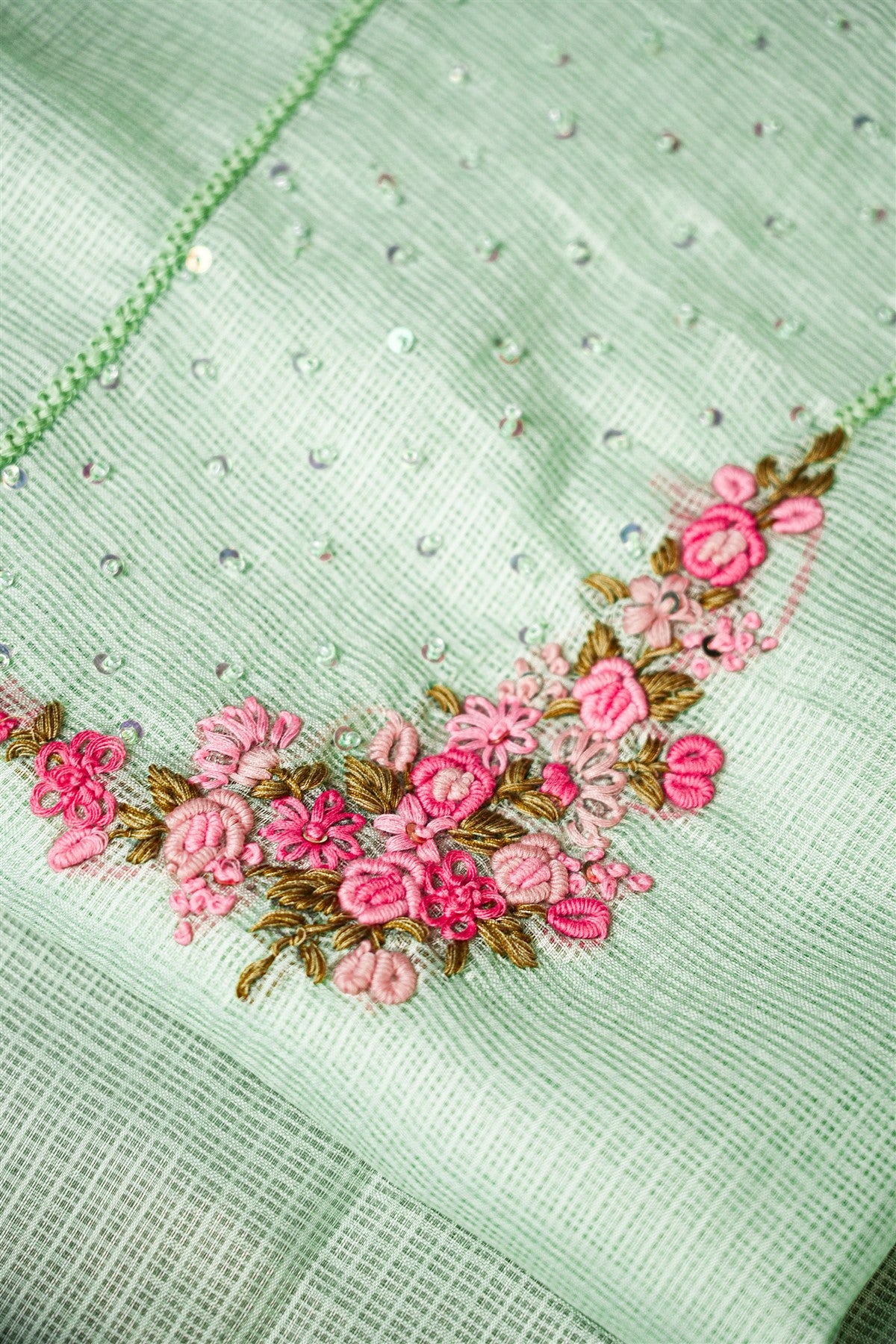 Kota Light Green Floral Embroidered Dress Material