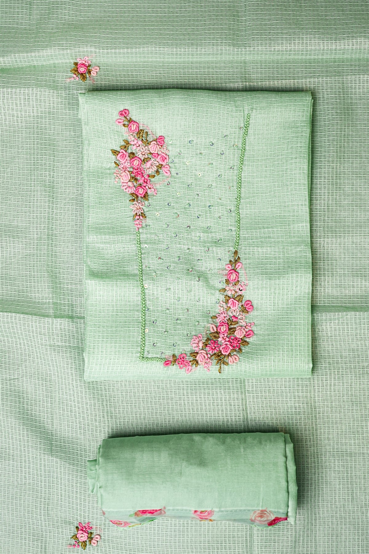Kota Light Green Floral Embroidered Dress Material