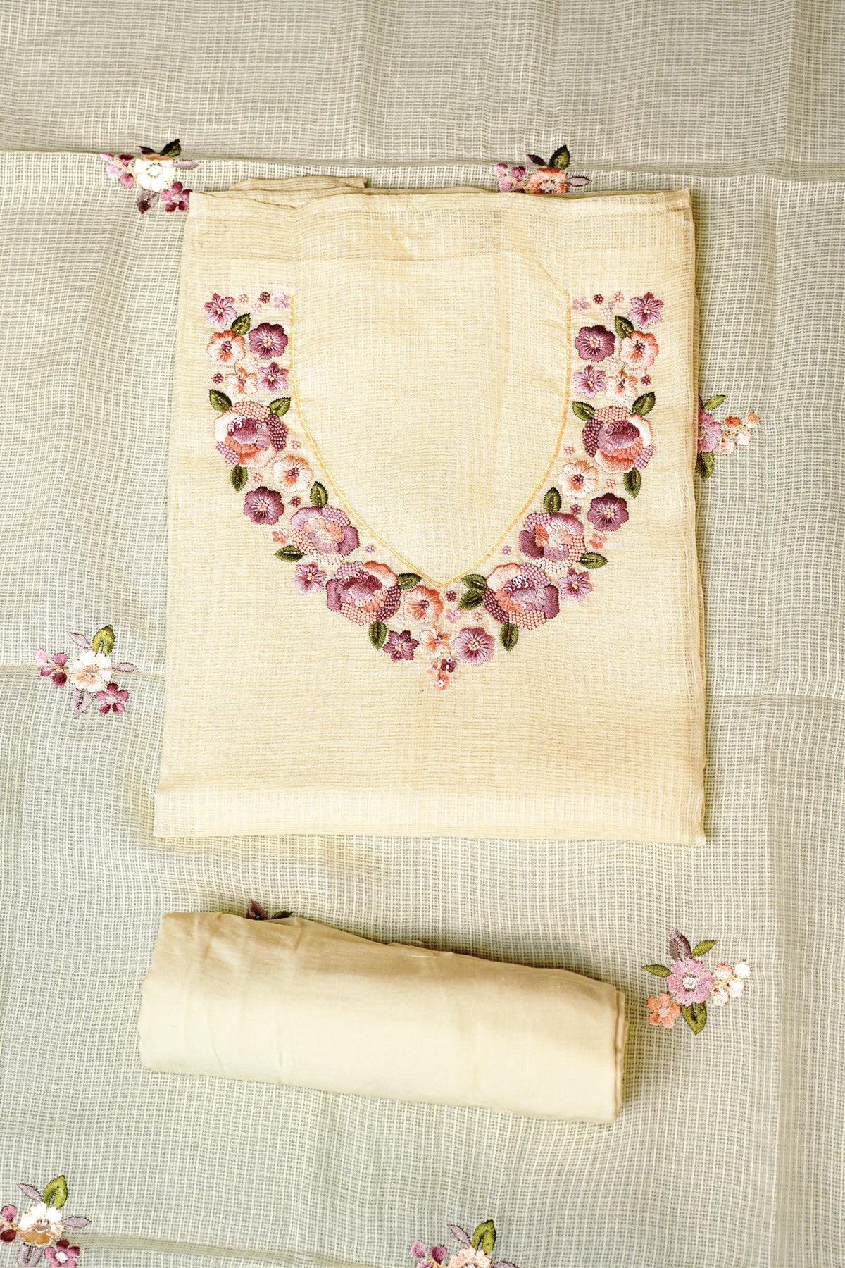 Kota Cream Embroidered Dress Material