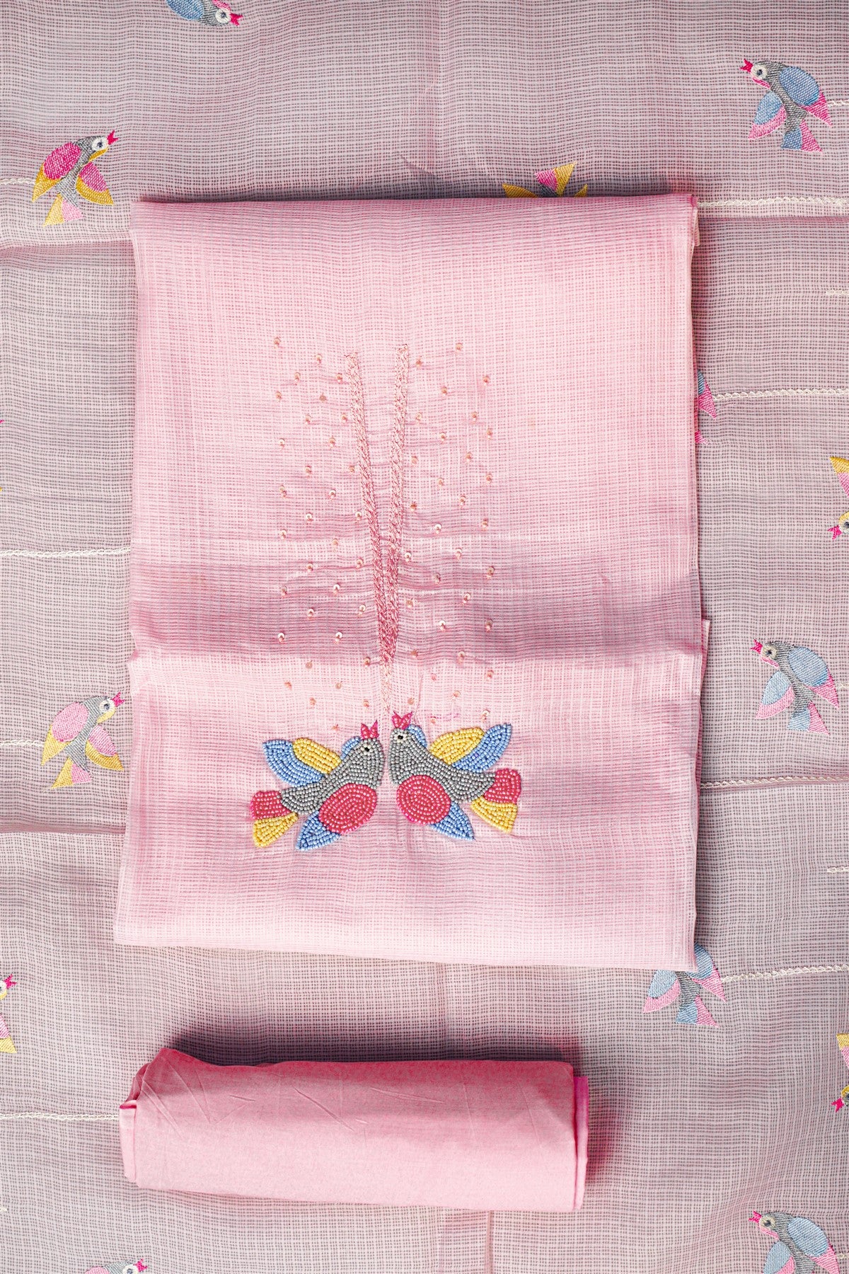 Kota Pink Embroidered Dress Material