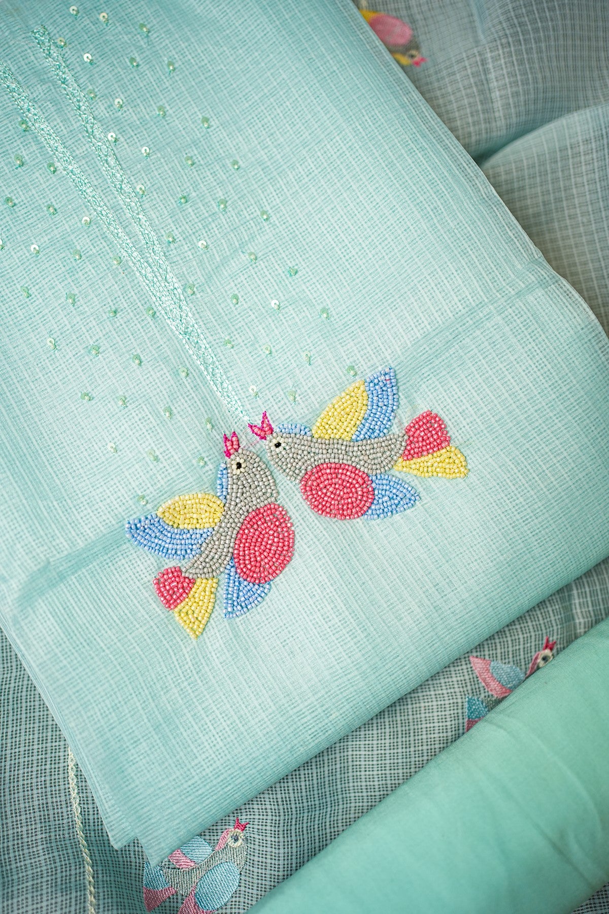 Kota Sea Green Embroidered Dress Material
