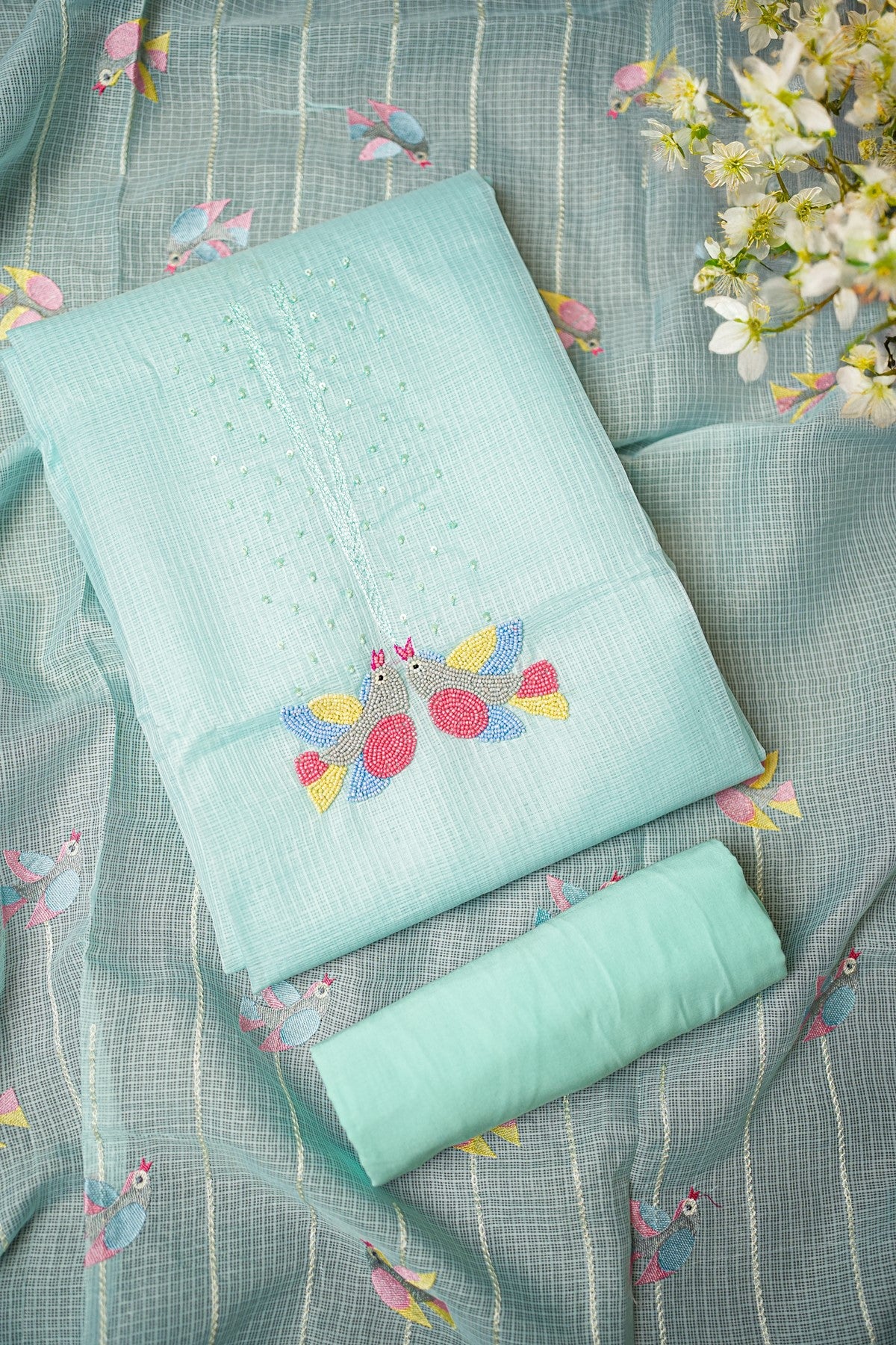 Kota Sea Green Embroidered Dress Material