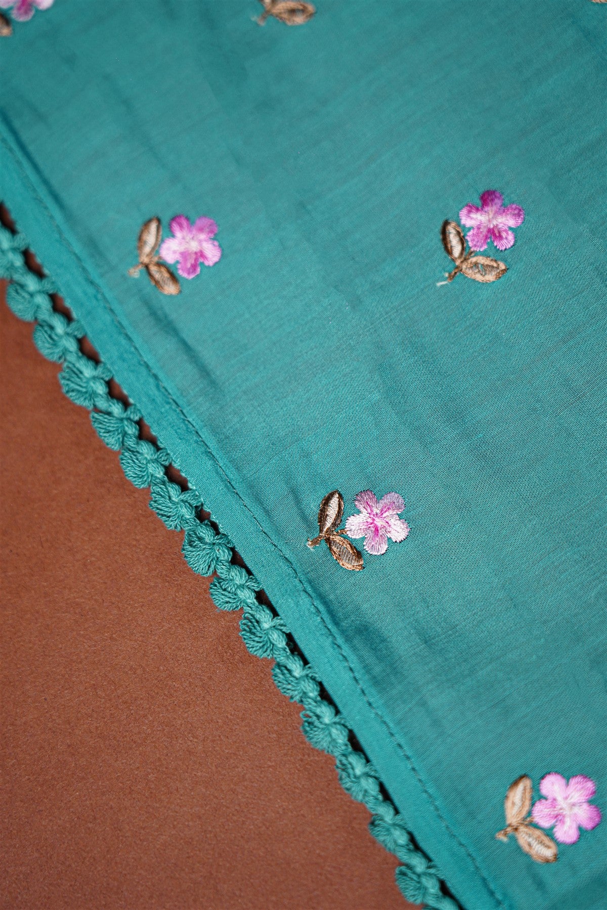 Silk Teal Floral Embroidered Dress Material