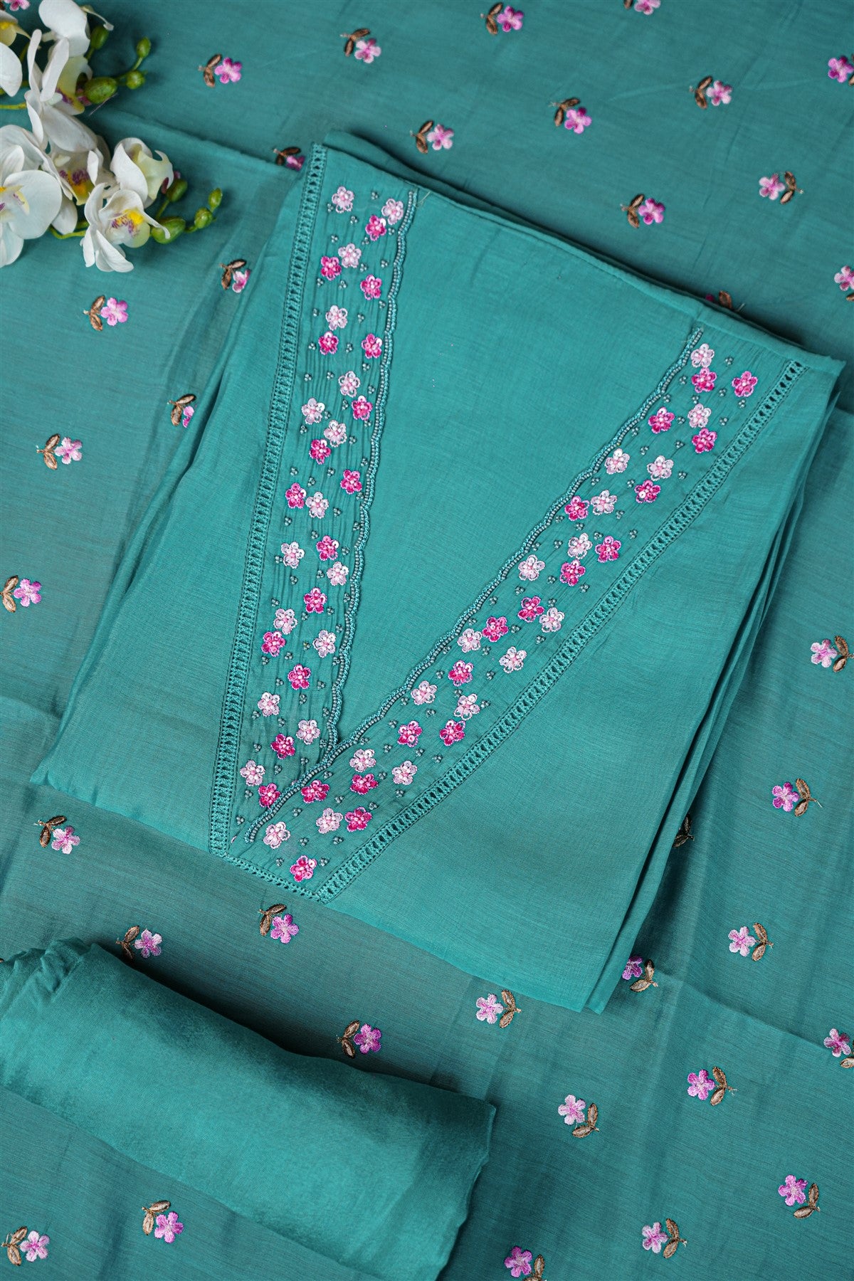 Silk Teal Floral Embroidered Dress Material