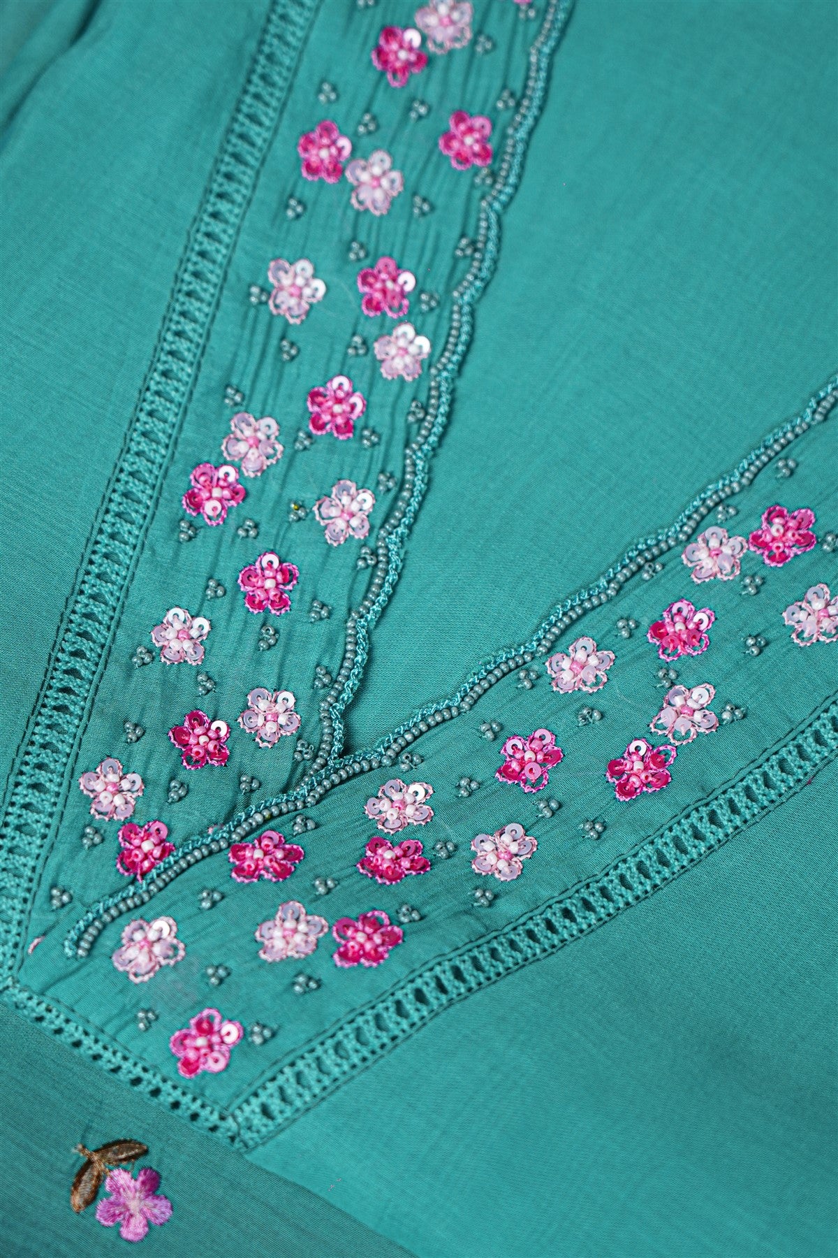 Silk Teal Floral Embroidered Dress Material
