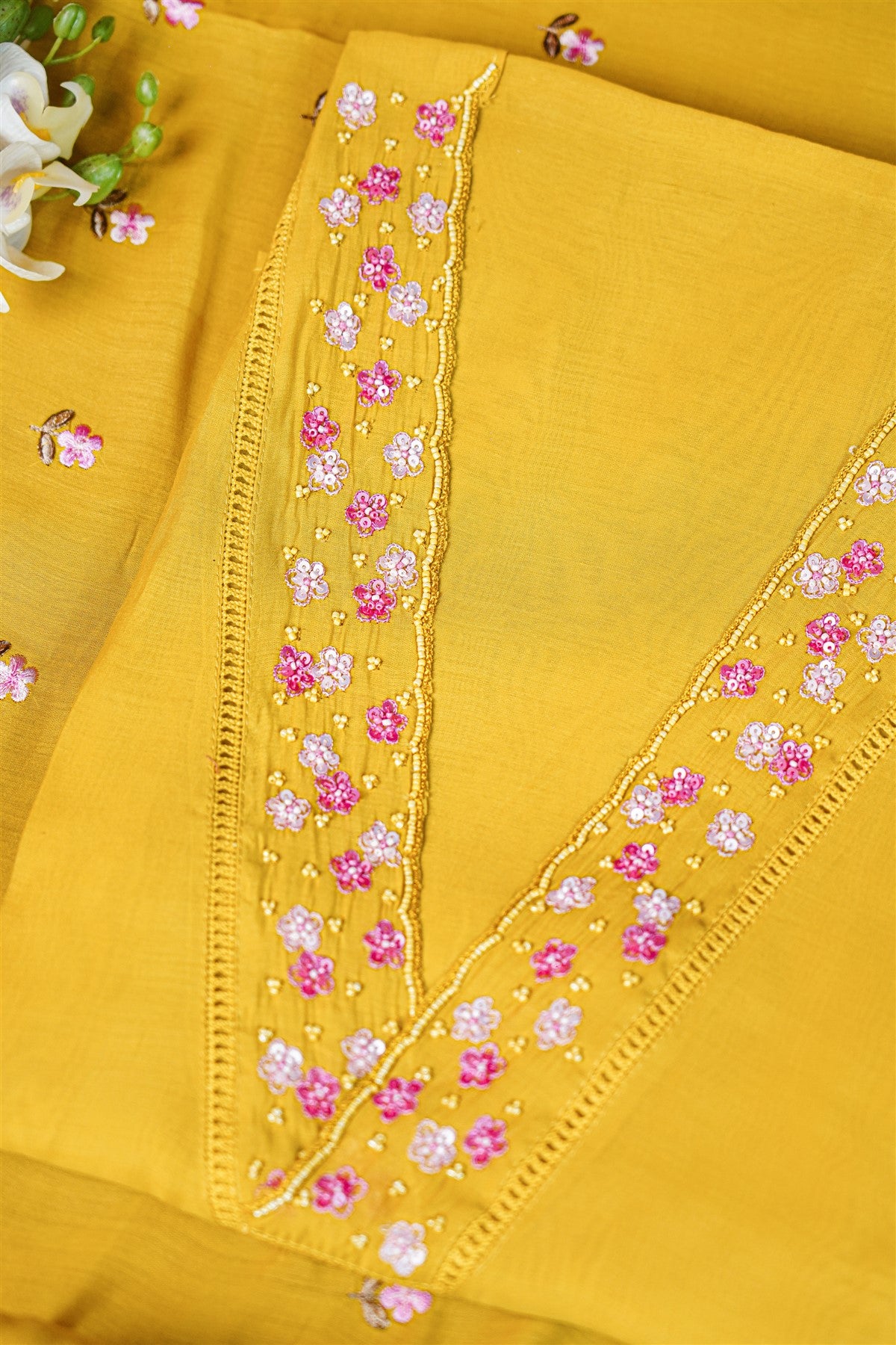 Silk Mustard Yellow Floral Embroidered Dress Material