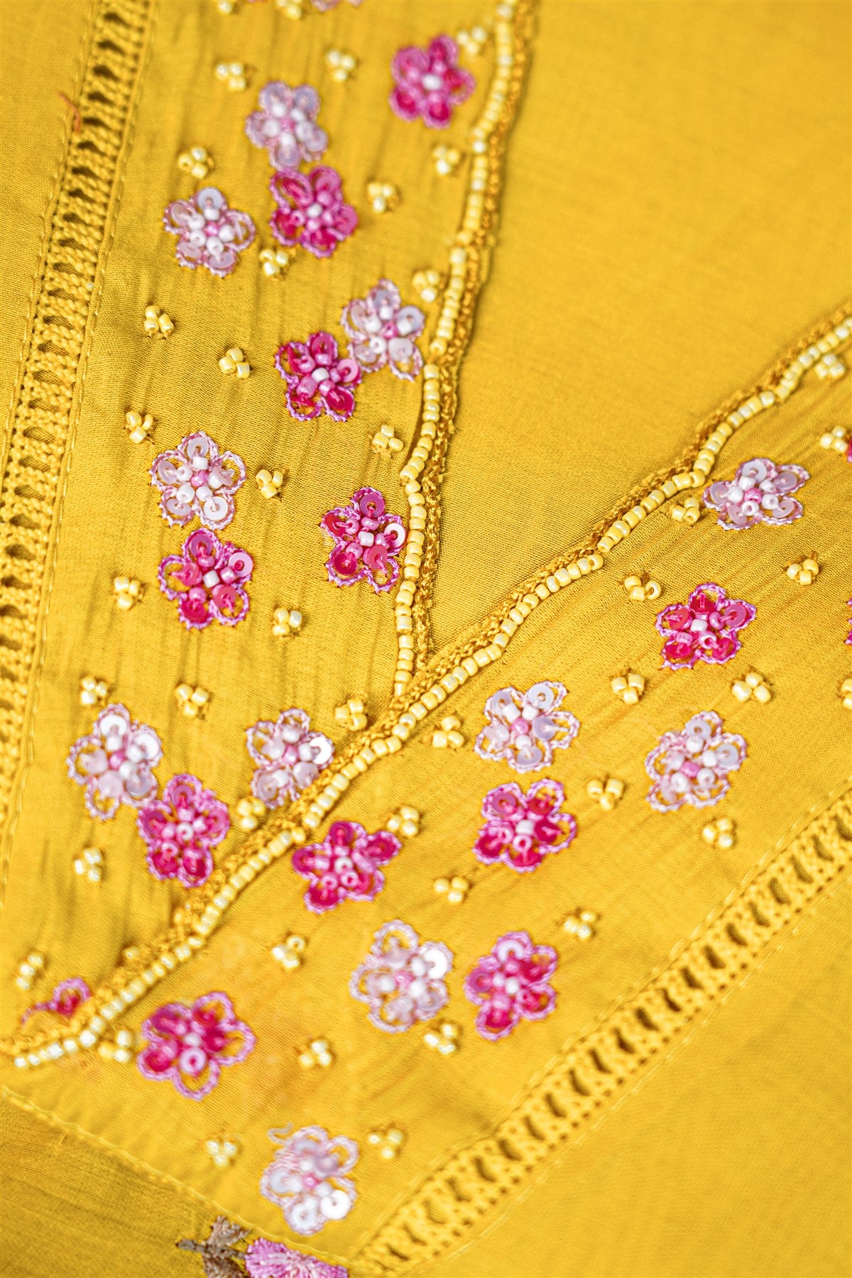 Silk Mustard Yellow Floral Embroidered Dress Material
