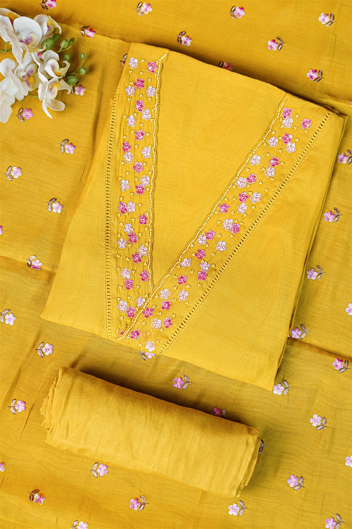 Silk Mustard Yellow Floral Embroidered Dress Material