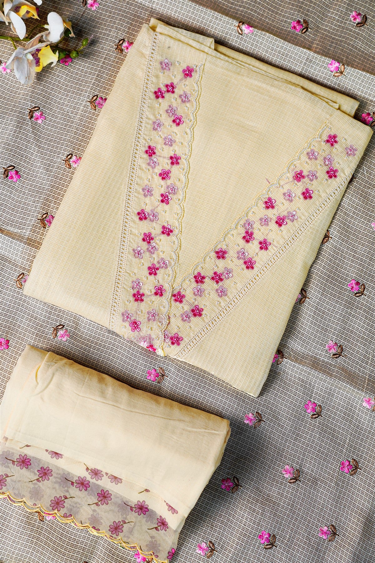 Kota Cream Floral Embroidered Dress Material