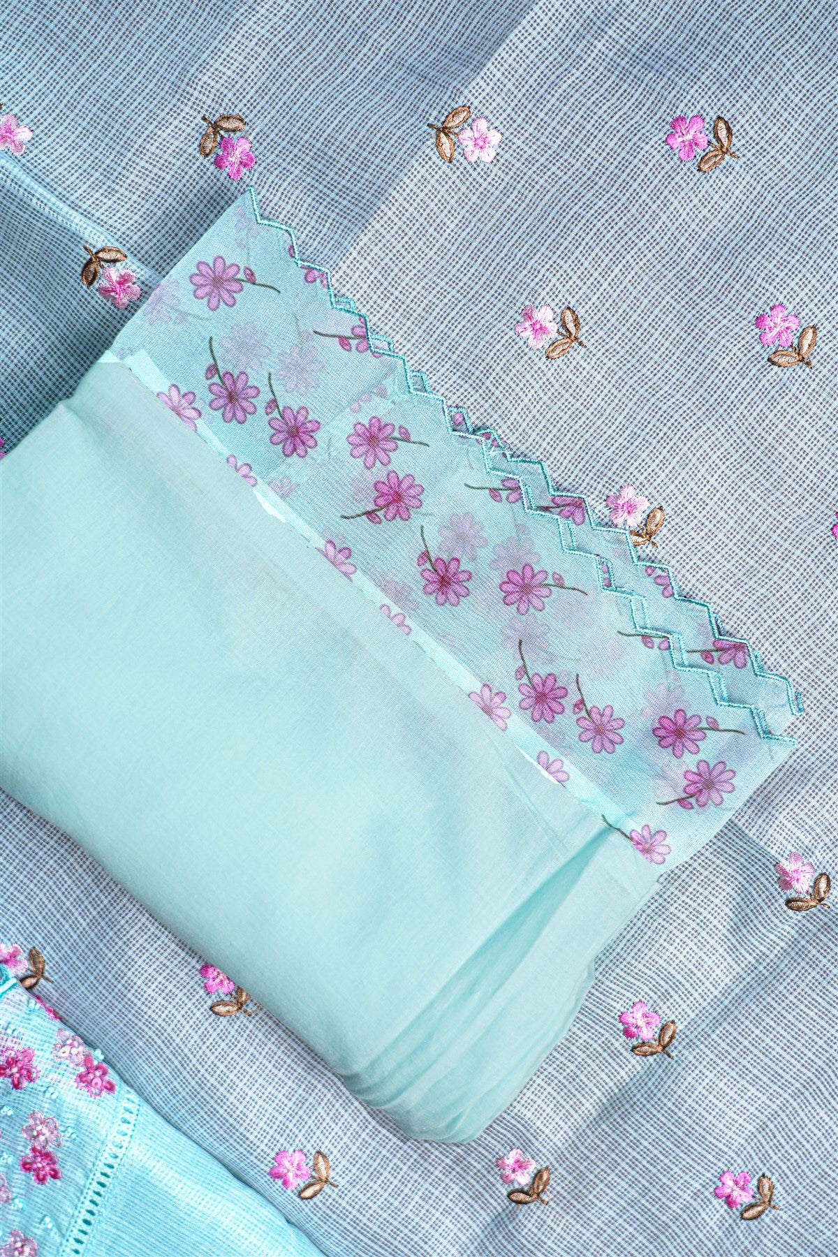Kota Sky Blue Floral Embroidered Dress Material