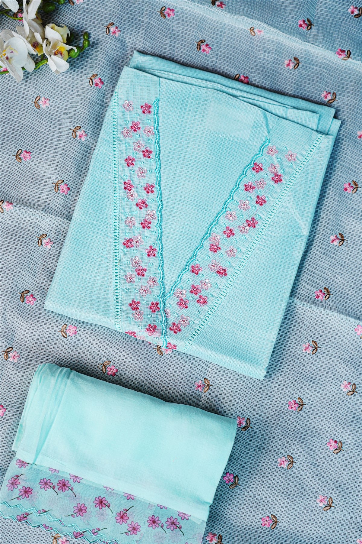 Kota Sky Blue Floral Embroidered Dress Material