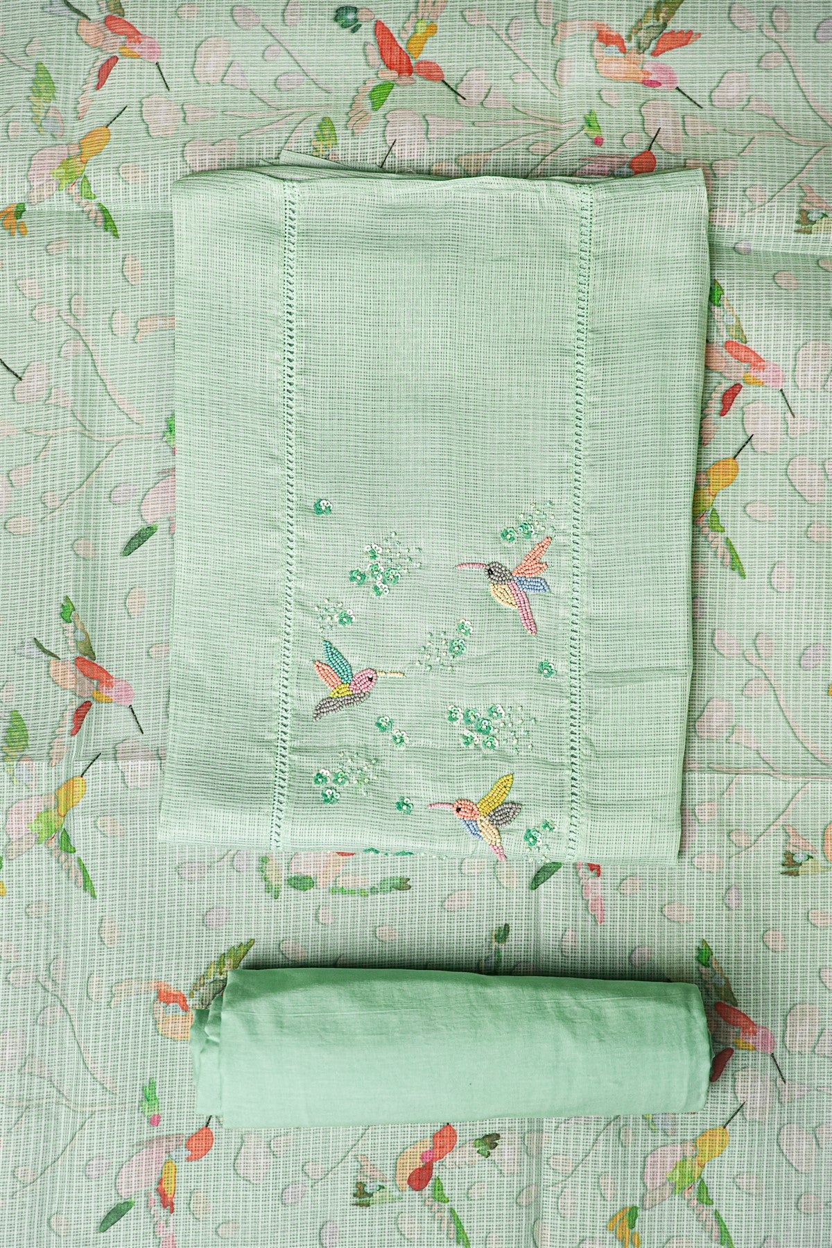 Kota Light Green Embroidered Dress Material