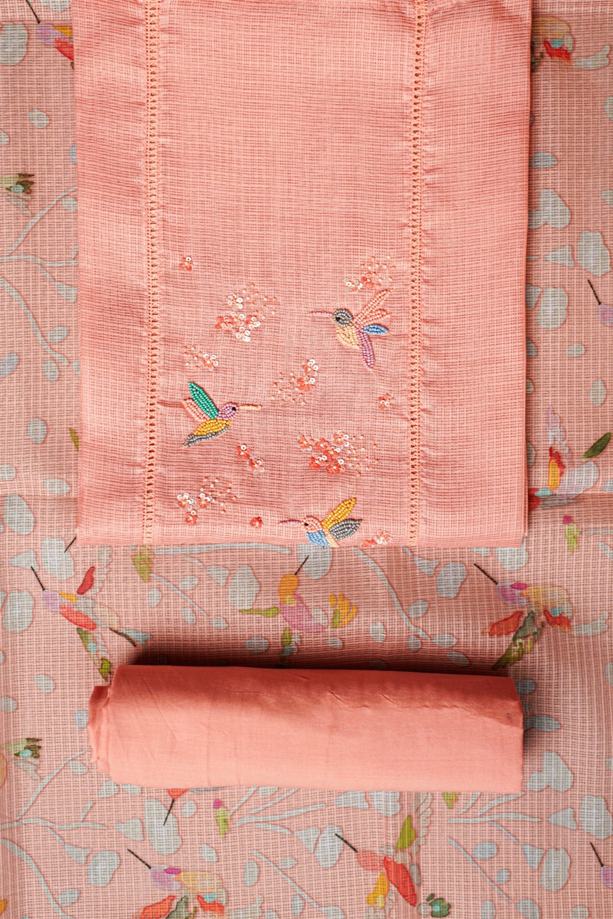 Kota Peach Embroidered Dress Material